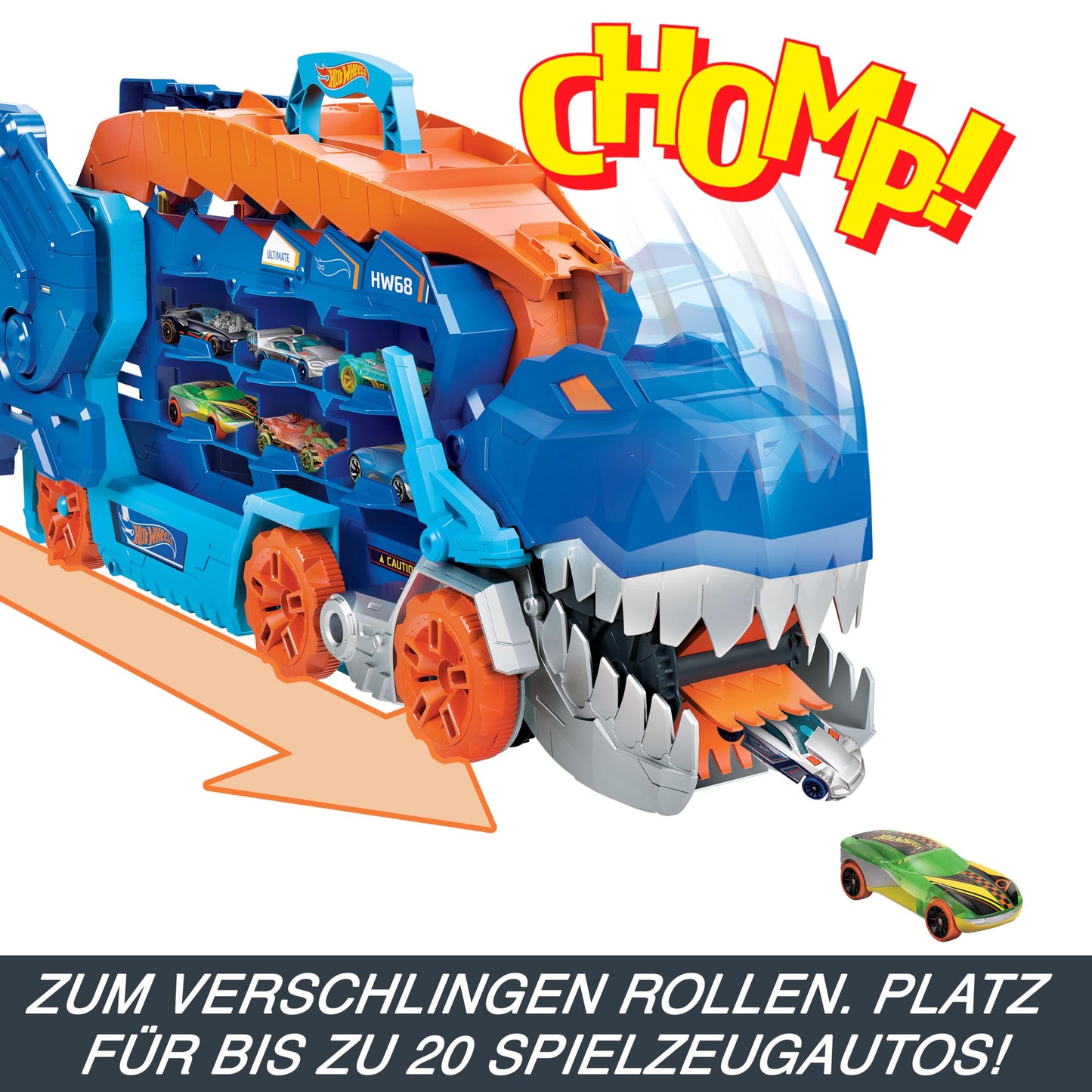 Hot Wheels Let's Race Netflix -2:1 transporter for T-Rex with including car racing track, with lighting and sounds, including 2 toy cars, space for 20 cars, Hot Wheels Dino, toys from 4 years, HNG50