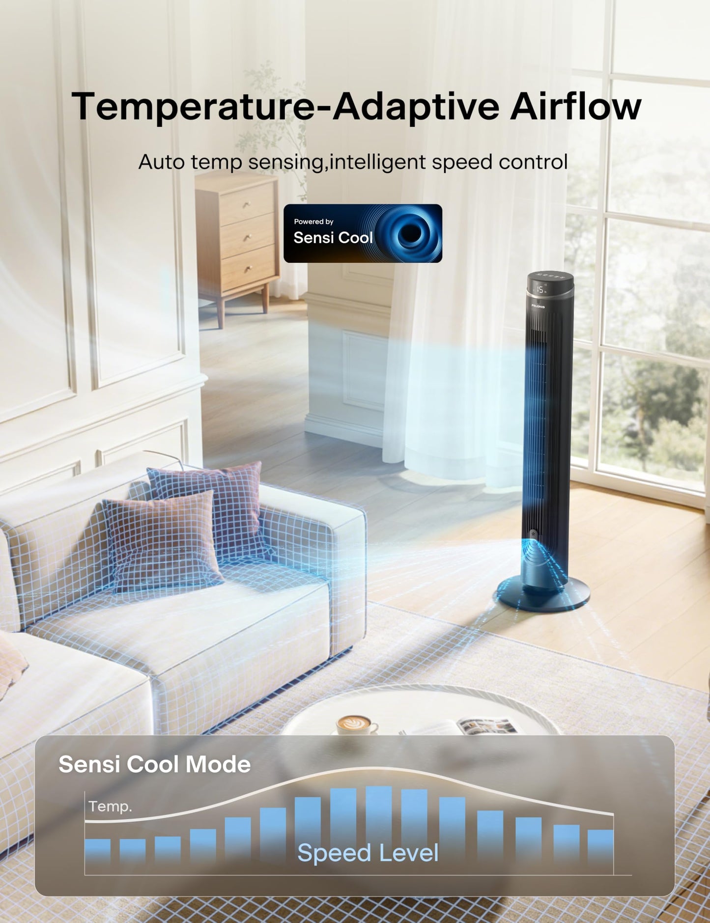 Pelonis pedestal fan with DC motor, 12 speeds, 90° oscillation, AI temperature mode, 24h timer, touch control & remote control - quiet & energy saving for home & office - PFT125ARCPKDE