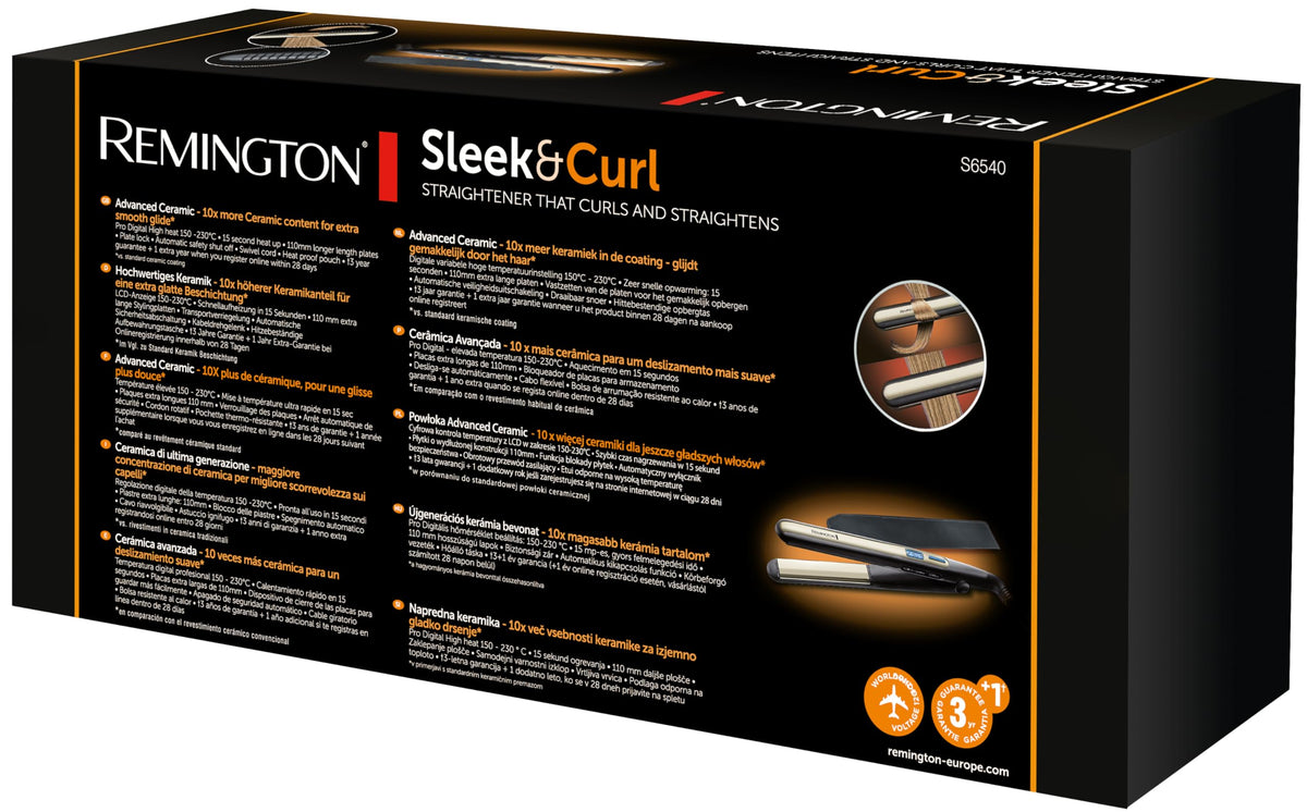 Remington Sleek & Curl Straightener (rounded design - ideal for straightening & styling curls and waves, high-quality ultra-tourmaline ceramic coating) LCD display, 150-230°C, Hair Straightener S6500