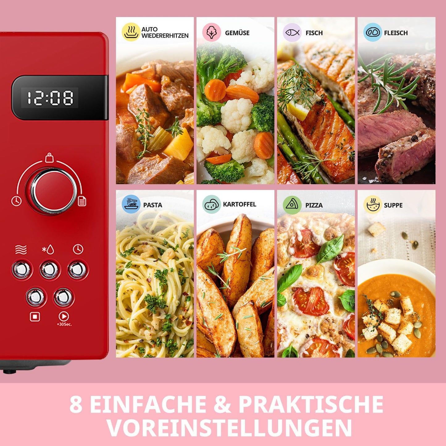 Comfee CMSRO 20 di rd retro microwave with 8 automatic menus, 5 power levels, pressure cooking button, 20 l, 800 W, passionate red