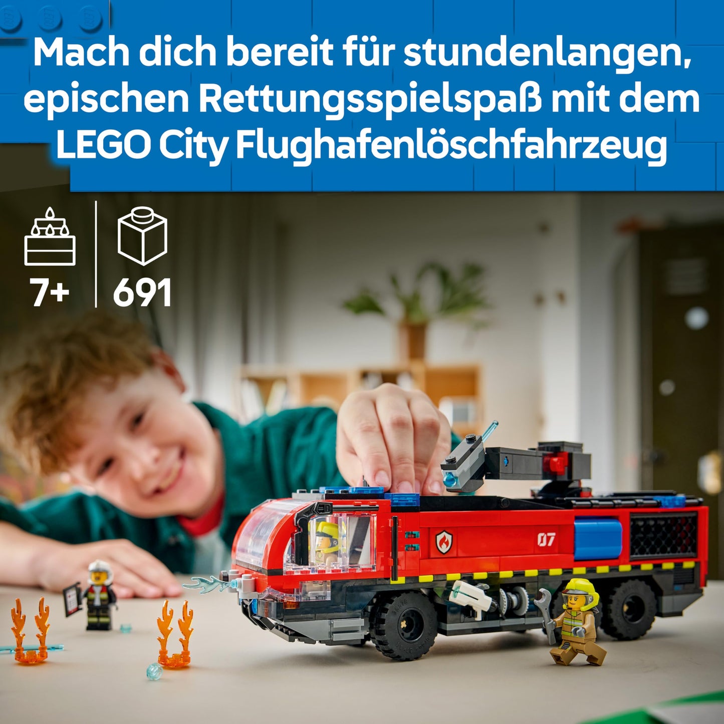 LEGO City airport fire engine - toy emergency vehicle - model construction with 4 fire department minifigures - birthday gift for boys aged 7 and up and technology fans - 60499