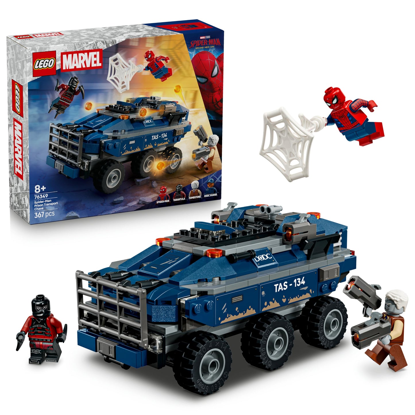 LEGO | Marvel Spider-Man Chasing the Prison Transporter - Superhero toy with armored vehicle and 4 minifigures including Tombstone and Tarantula - Gift for boys aged 8 and up - 76349