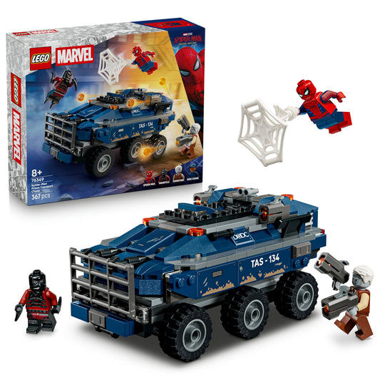 LEGO | Marvel Spider-Man Chasing the Prison Transporter - Superhero toy with armored vehicle and 4 minifigures including Tombstone and Tarantula - Gift for boys aged 8 and up - 76349