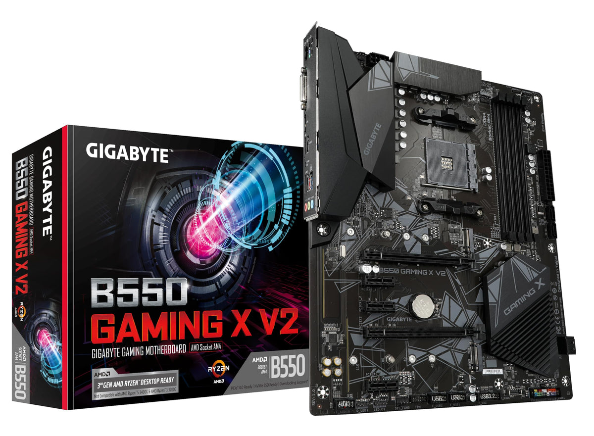 Placa de bază GIGABYTE B550 Gaming X V2 – compatibilă cu procesoarele AMD Ryzen 5000, placă ATX, VRM cu 10+3 faze, suportă până la 4733 MHz DDR4, PCIe 4.0 + PCIe 3.0 M.2, LAN 1GbE, USB 3.2 Gen 2