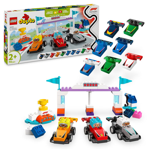 LEGO DUPLO Town F1 Team racing cars with racing drivers - Montessori toys for girls and boys - educational toys for children aged 2 and over - 10 toy cars with crane, starting lights, winner's podium - 10445