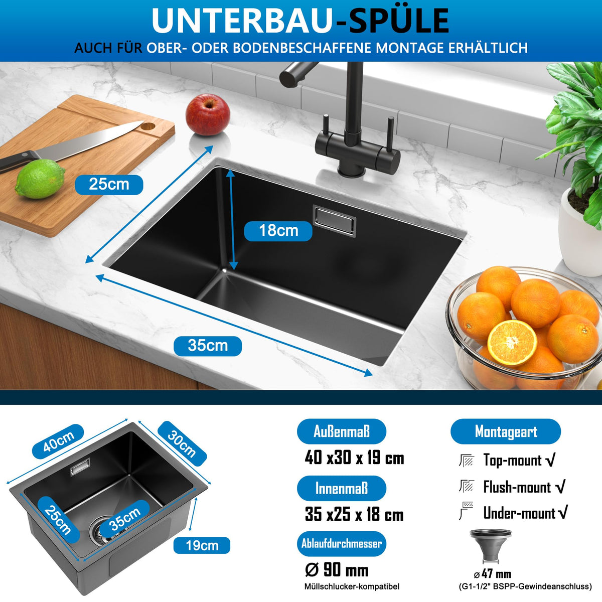 Black Stainless Steel Kitchen Sink 40 x 30 cm, 1 Bowl Sink - K4030BK