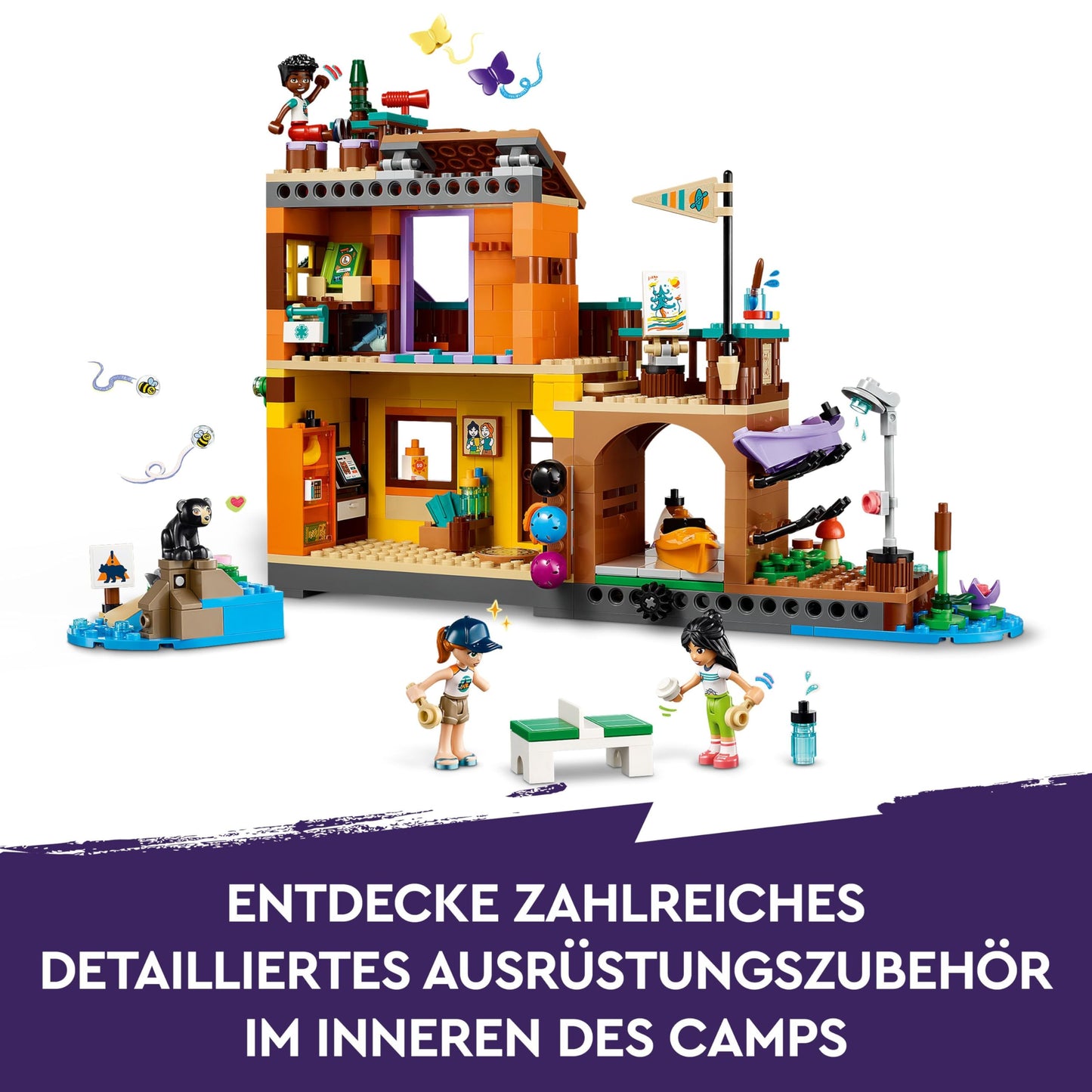 LEGO Friends adventure camp with kayak, building toy for role play, gift idea for girls and boys aged 7 and up, set with 3 toy figures and a bear, camping toy 42626