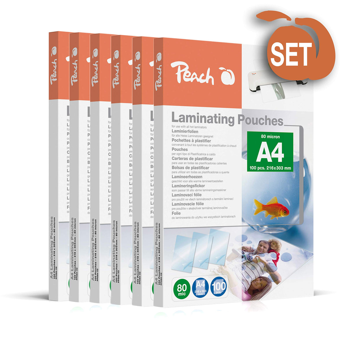 Peach laminating pouches A4-80 mic - 600 pouches - premium quality for best laminating results - compatible with devices from all brand manufacturers - glossy - PP580-60A