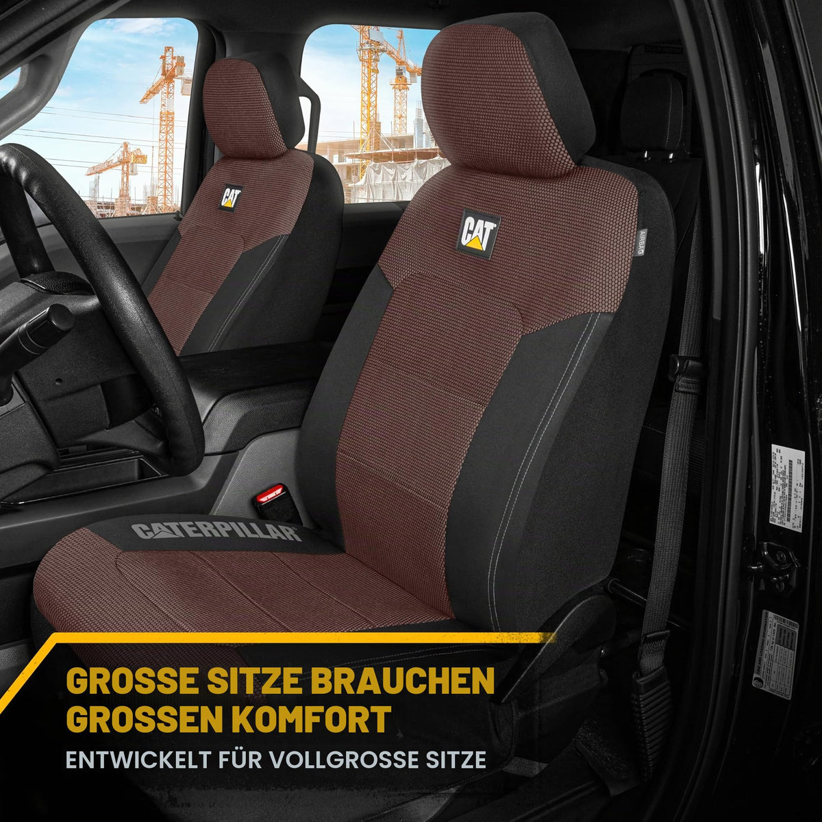 Caterpillar CAT® MeshFlex Automotive Seat Covers for Cars, Trucks, and SUVs (2-Piece Set) - Black/Brown  
 Car seat covers for front seats, truck seat protectors with a comfortable mesh back, car interior covers. - CASC-2284-BW