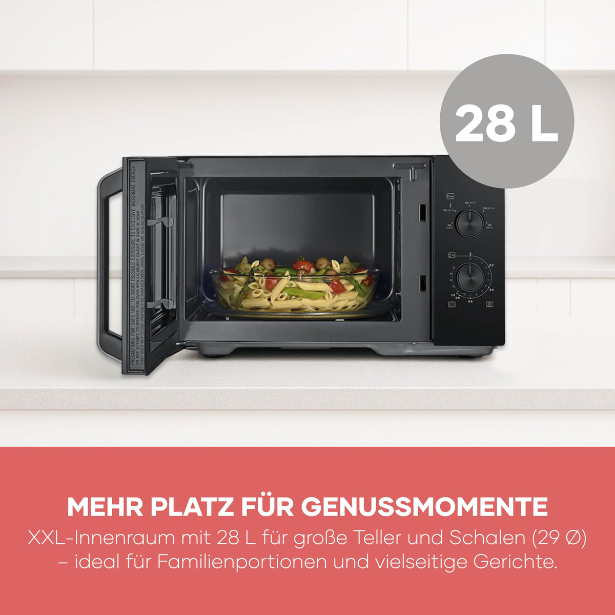 Severin Solo Microwave, for defrosting and heating, XXL interior, 28 L, microwave device with removable glass turntable, 5 power levels, 35-minute timer, 900 W, black, MW 7796