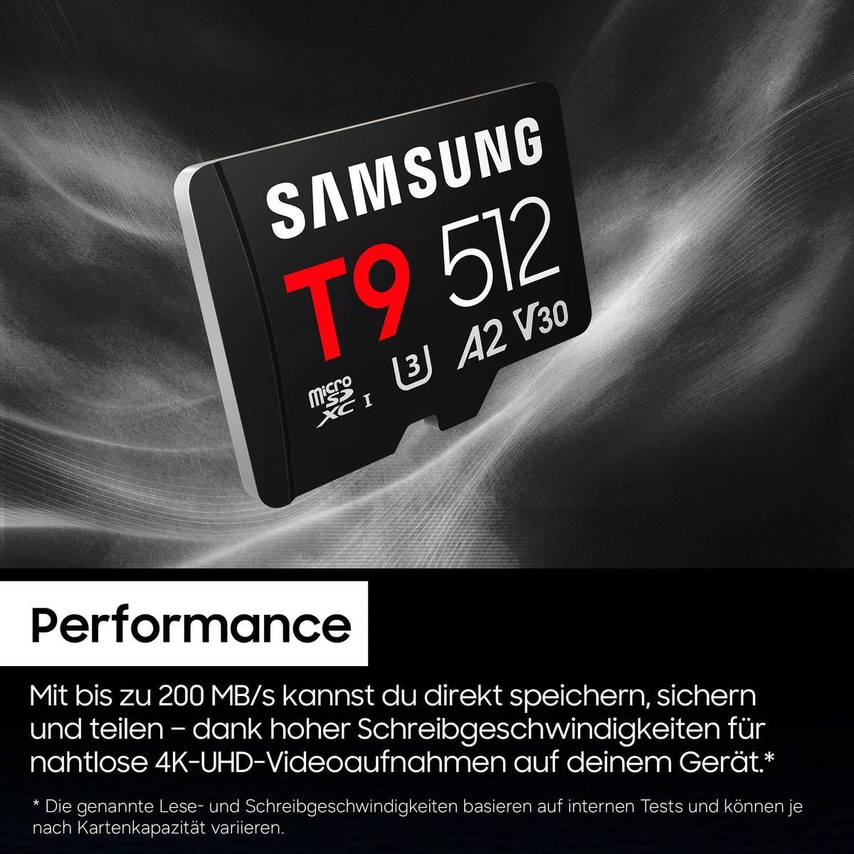 Samsung T9 microSD Card, 256 GB, memory card for use in drones, action cameras, and 360° cameras, UHS-I U3, Full HD & 4K UHD, 200 MB/s read speed, 130 MB/s write speed, MB-MH256T/WW
