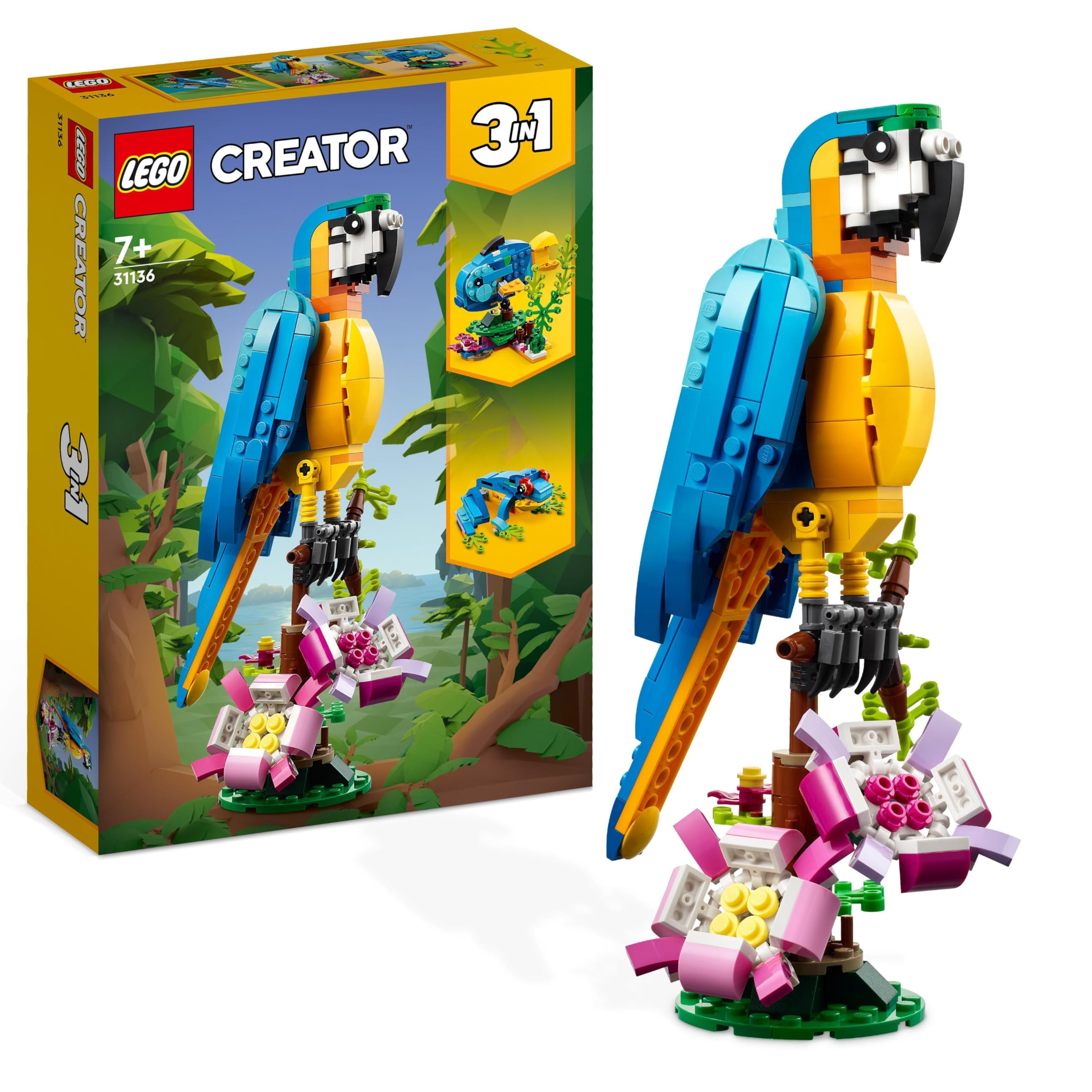 LEGO Creator 3in1 Exotic Parrot - Construction toy with THREE animal figures - Toy with parrot, fish and frog minifigures - Creative gift for girls and boys aged 7 and up 31136