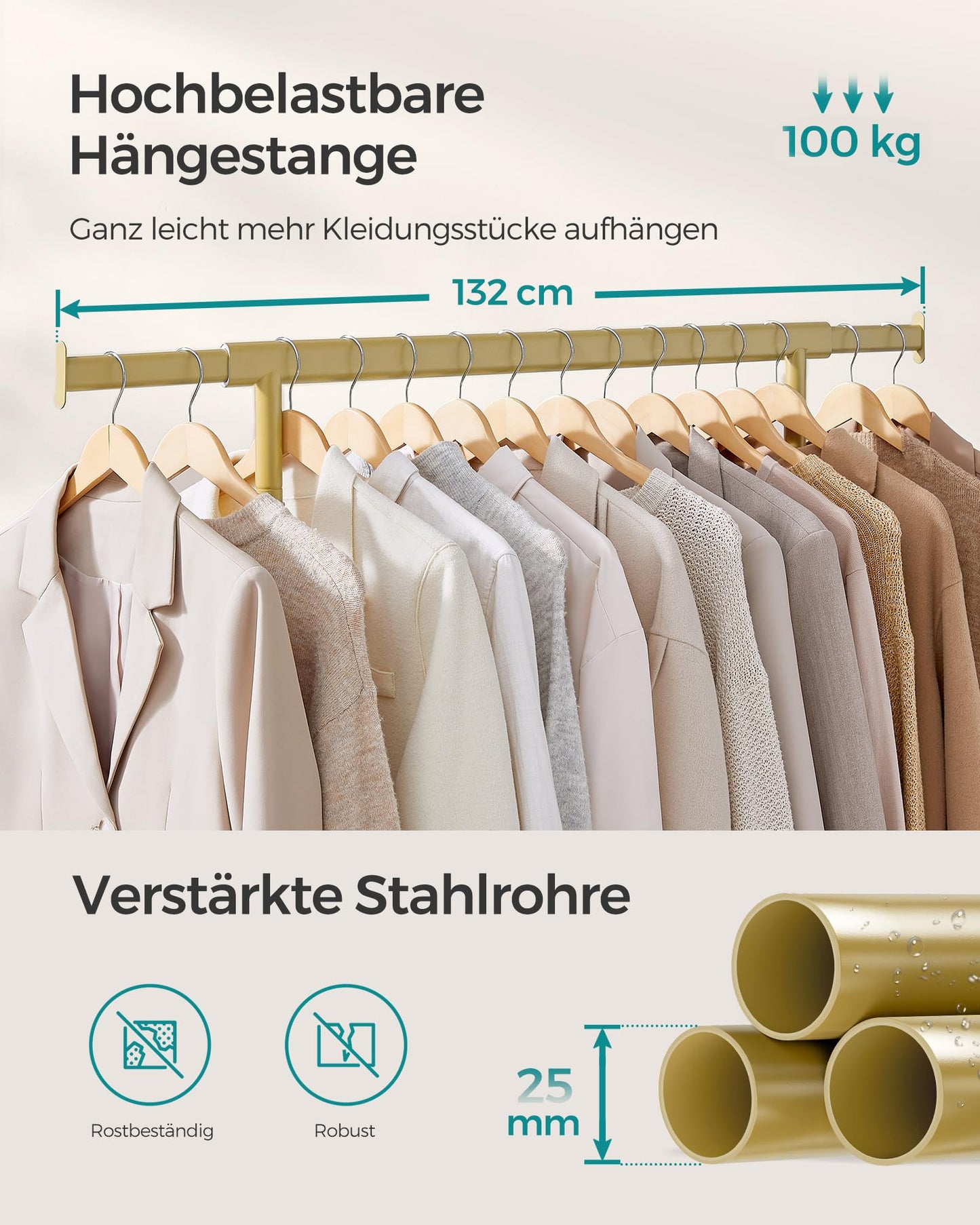SONGMICS Clothes Rack on Wheels, Heavy Duty Coat Rack, Extendable Clothes Rail, Holds up to 100kg, Easy Assembly, Portable, Pale Gold HSR013A01 - PCT611W01