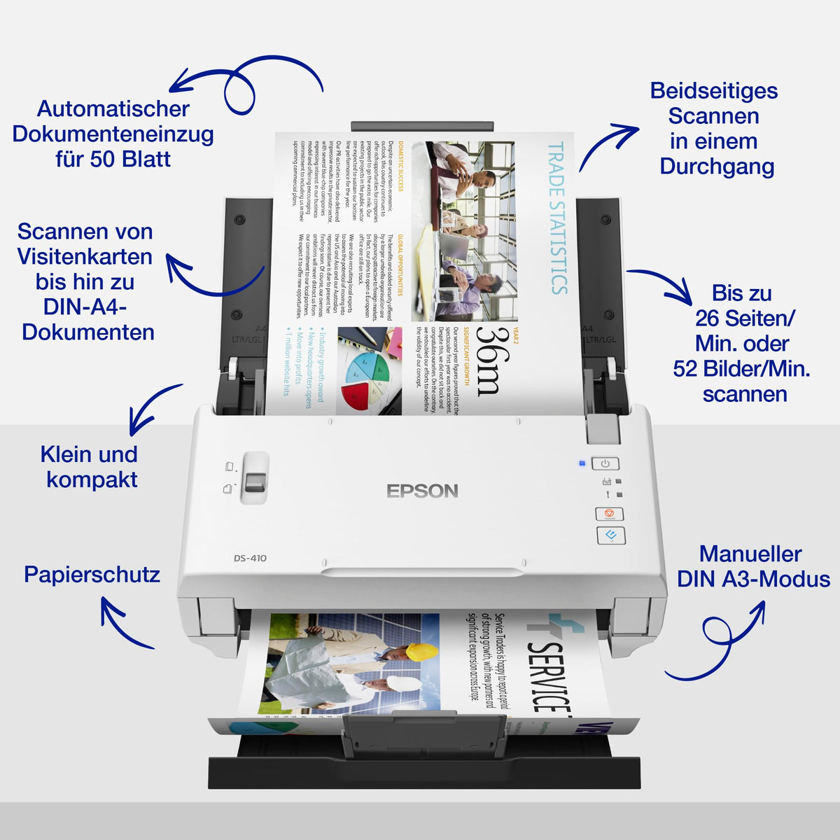 Workforce DS-410: Scanner de birou compact A4 cu alimentare de hârtie, alimentator automat de documente pentru 50 de foi și software Epson Document Capture Pro. - B11B249401