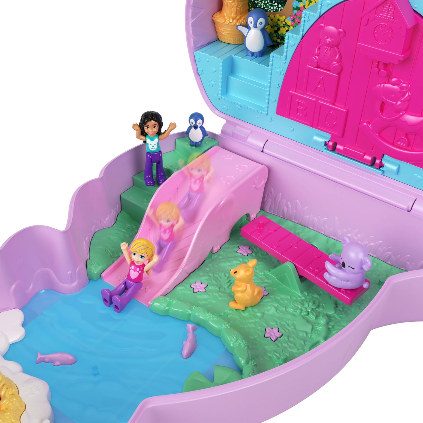 Polly Pocket Mama and Joey Kangaroo Bag - 2-in-1 Animal Nursery Playset, 2 Dolls, 7 Animals and Accessories, Includes Soft Pouch and Box, Perfect for Travel, Ages 4+, HKV50