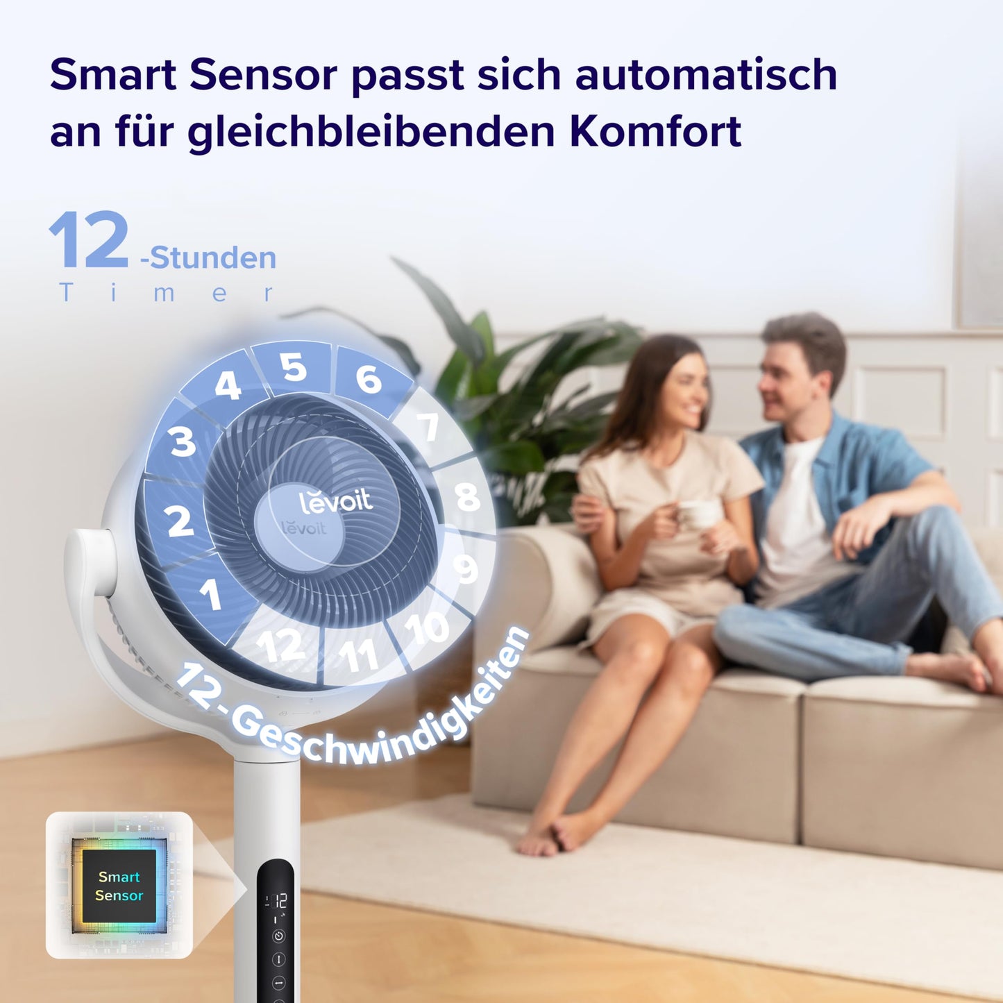Levoit DC motor pedestal fan, 20dB quiet fan, 30m throwing distance, 2465m³/h air volume, fan with remote control and cooling, 2 in 1 height adjustable, 4 modes/12 levels/12 hour timer, white, 110cm - LPF-R432-WEU
