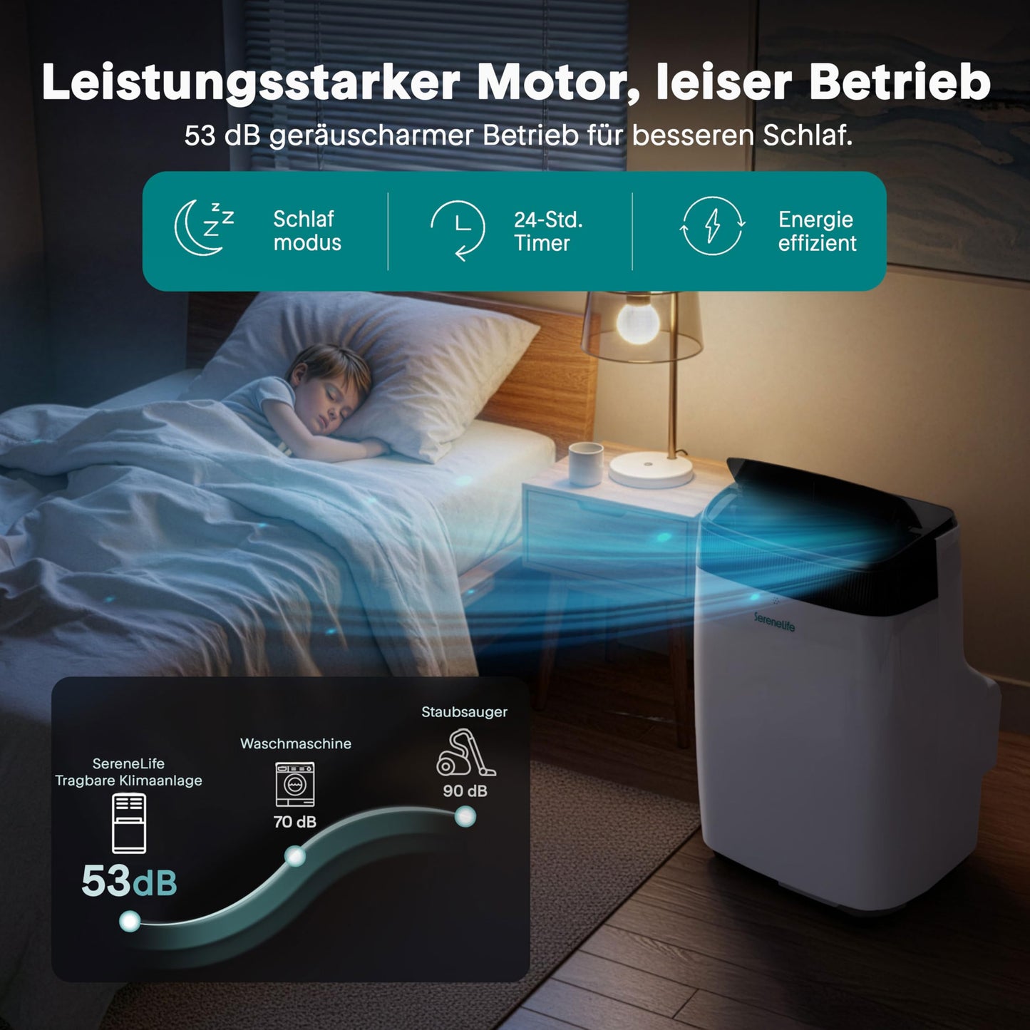 SereneLife Mobile Air Conditioner 4 kW 9000 BTU - L52 dB Quiet air conditioner for bedrooms up to 20 m², pleasant cooling on hot days, with dehumidifier, fan & remote control - SLPAC9EU