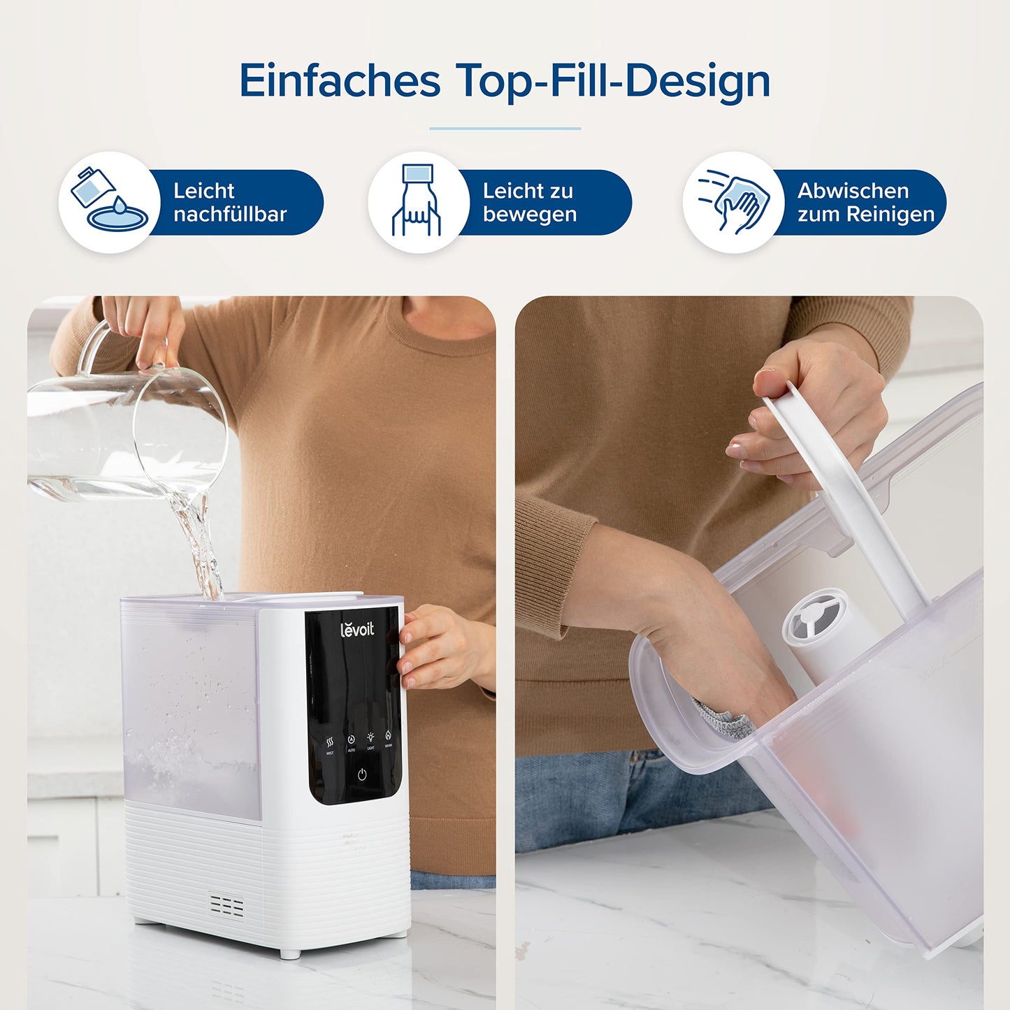Levoit Smart humidifier for large rooms, top-fill humidifier, warm & cold mist max 550 ml/h, up to 40㎡, quiet room humidifier with night light for plants, auto shut-off, 4.5 L, moon white - LUH-O451S-WUK