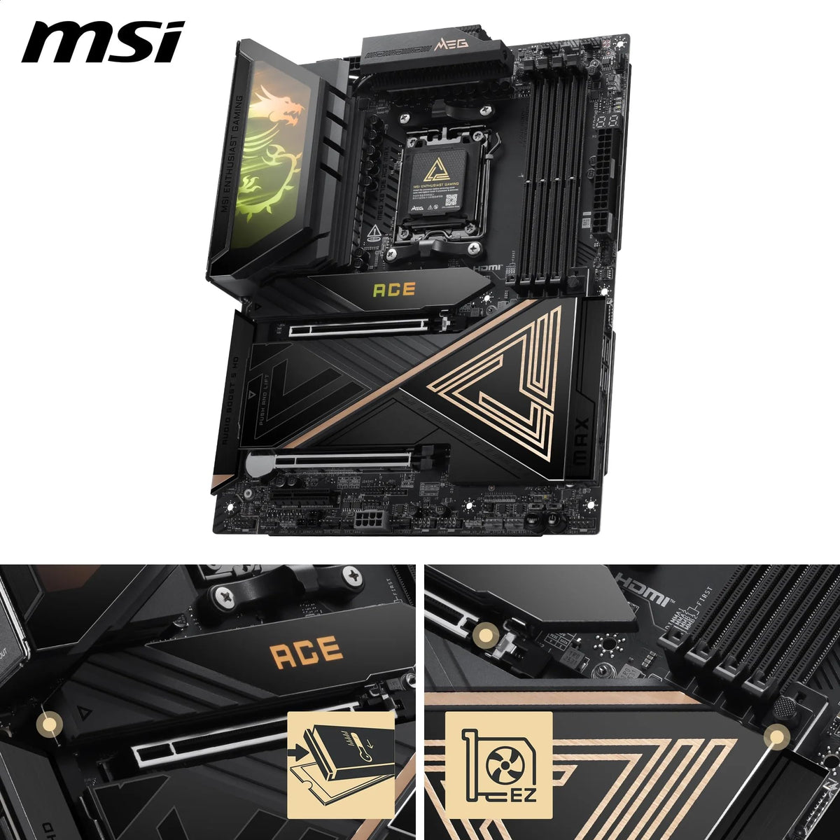 MSI MEG X870E ACE MAX Placă de bază, ATX - Suportă procesoare AMD Ryzen 9000/8000 / 7000, AM5-64MB BIOS ROM, 110A SPS VRM, memorie DDR5 (până la 9000+ MT/s OC), M.2 & PCIe 5.0, USB4, Wi-Fi 7 - 7E85-001R