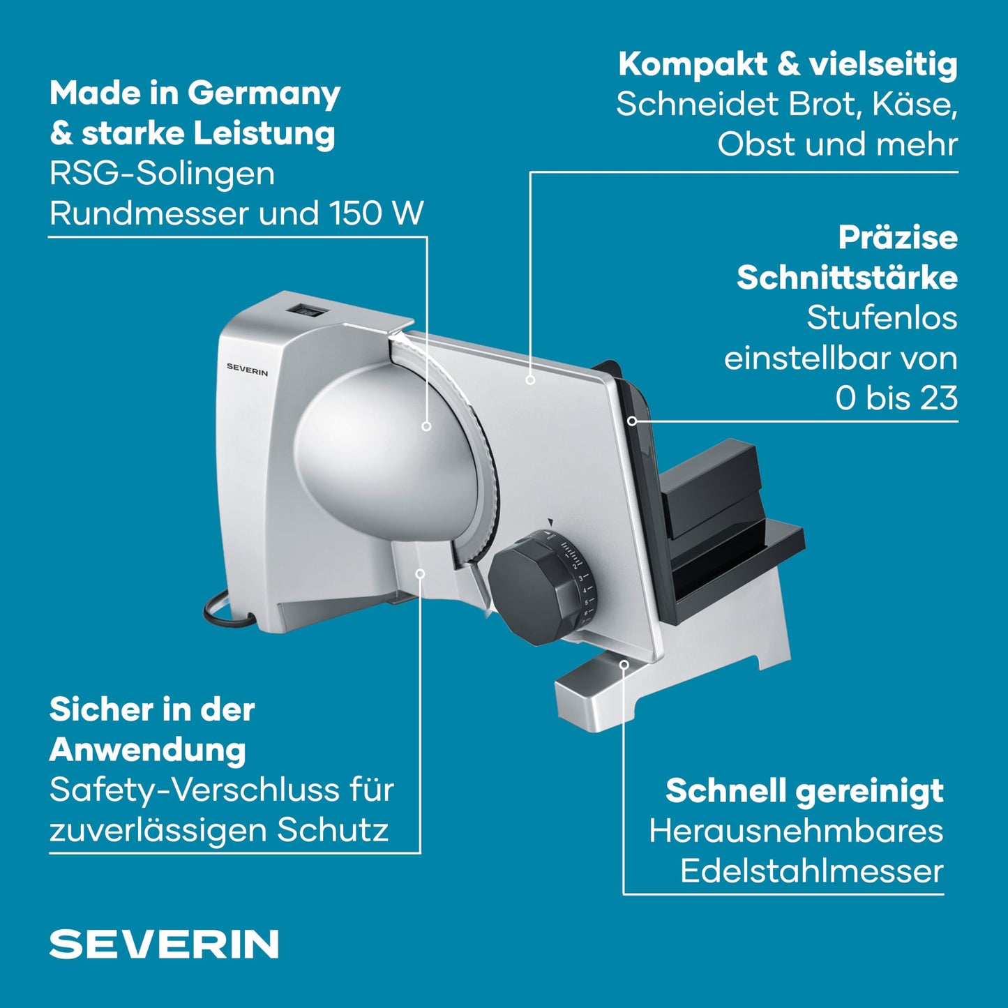 Severin all-purpose slicer for bread or cold cuts, bread slicer with infinitely adjustable cutting thickness, 0-23 mm, German quality, slicer with metal housing, 130 W, gray, AS 3917