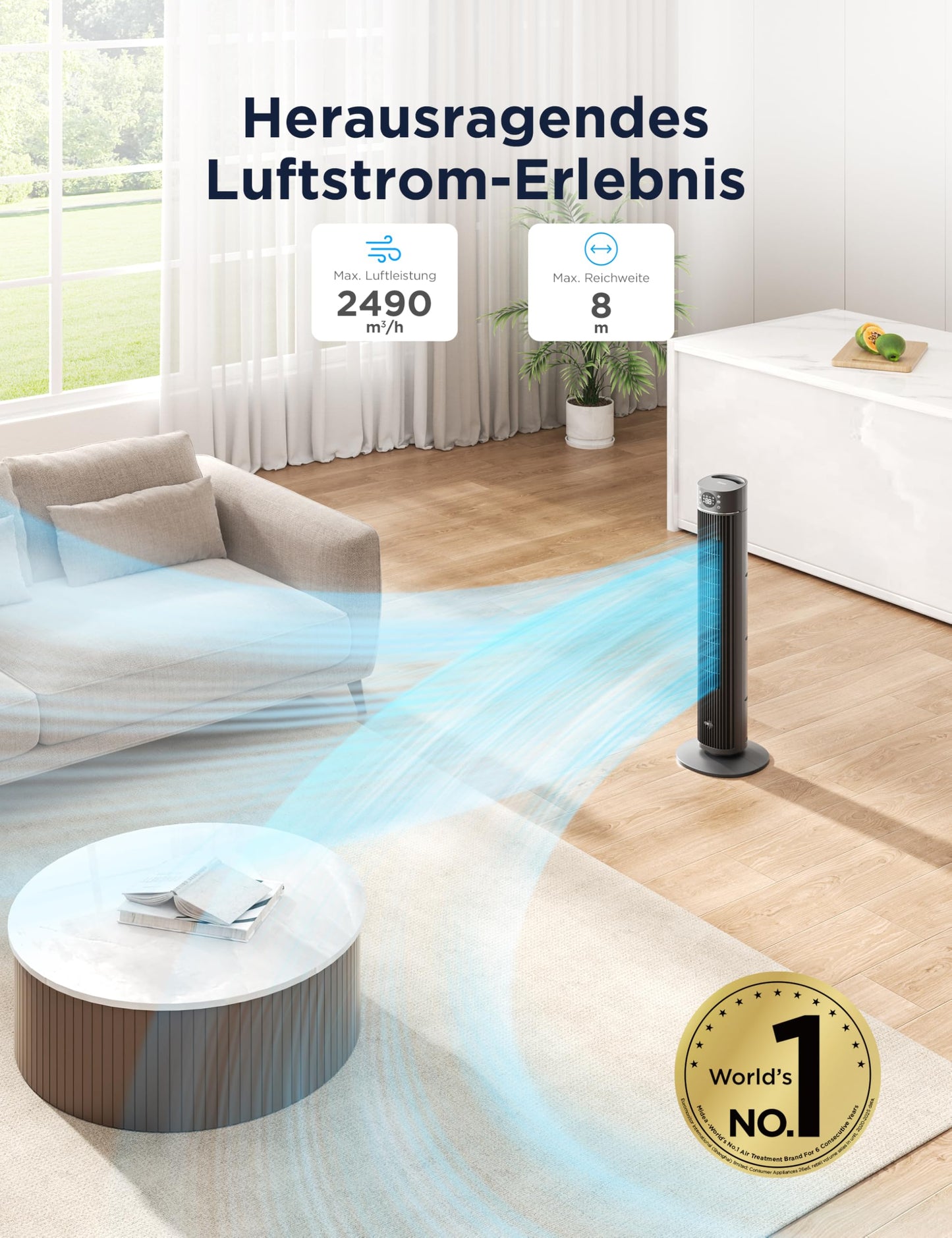 Midea FZ10-26ARDW Smart Quiet Tower Fan with Remote Control, 19 dB Whisper Quiet, DC Motor, 4 Modes & 12 Levels, 24h Timer, App Control for Bedroom, Living Room & Office, Black, 105cm - FZ10-26ARDW(BL)