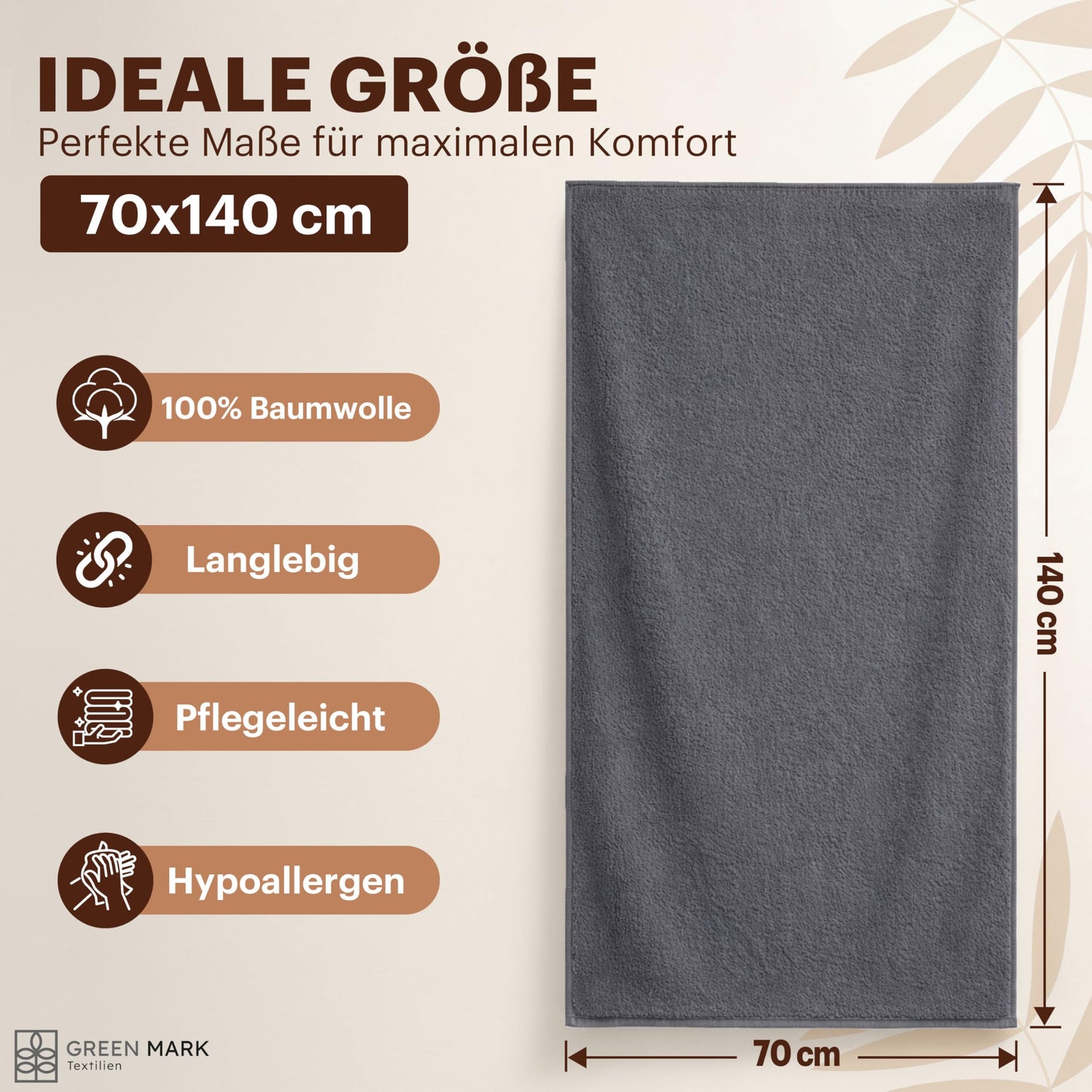 NatureMark 4-piece shower towel set - soft and absorbent shower towels made from 100% cotton, suitable for everyday use - anthracite gray, 70x140cm - NM-HT0722