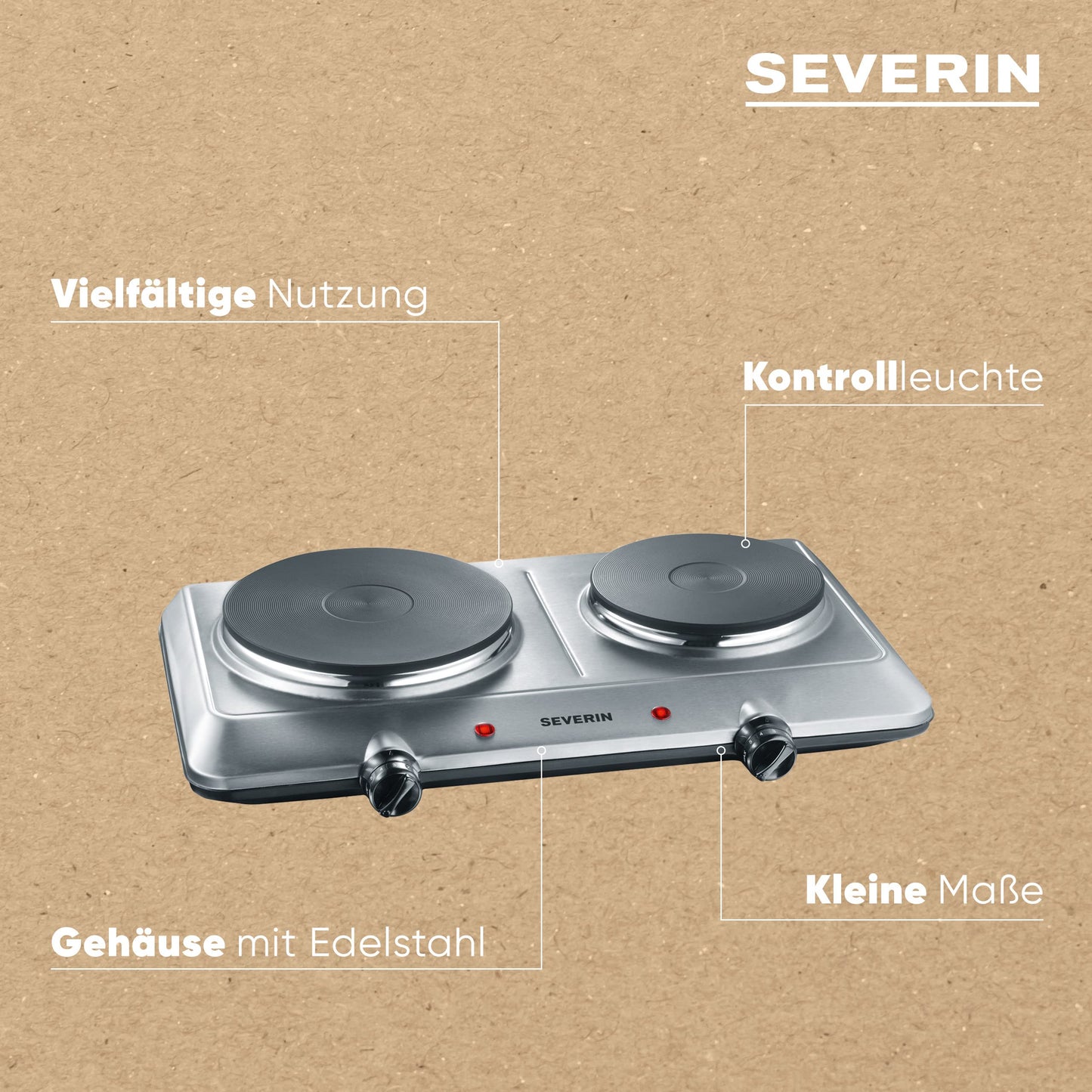 SEVERIN double hotplate for kitchen, office or camping, small hotplate with stepless temperature adjustment, camping stove for two pots, stainless steel, 2,500 W, DK 1014, white