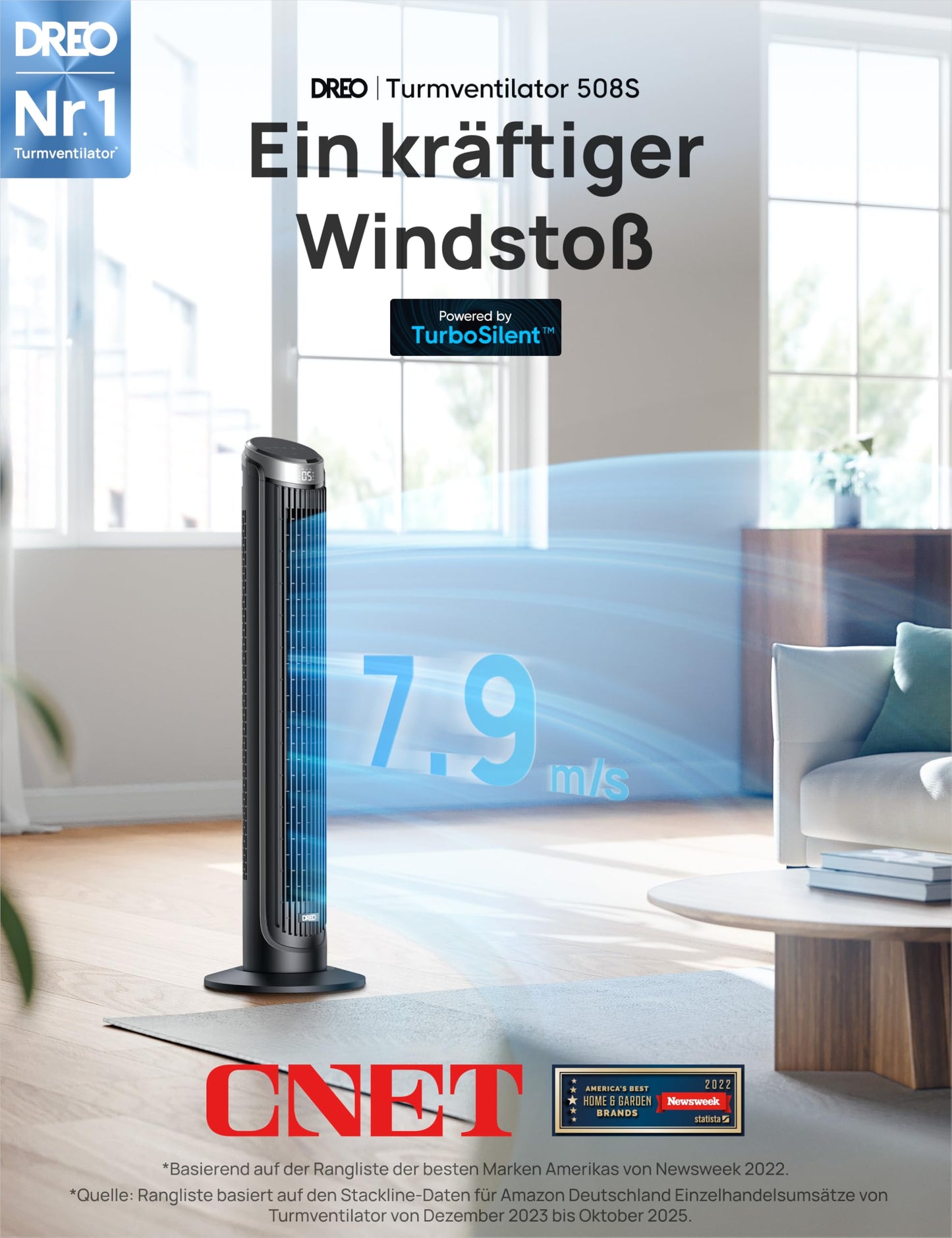 DREO Smart Tower Fan  7.9 m/s Speed, 5 Levels, 4 Modes, Touch/Remote Control/App & Voice Control, Alexa, 12H Timer, Silver - DR-HTF008S