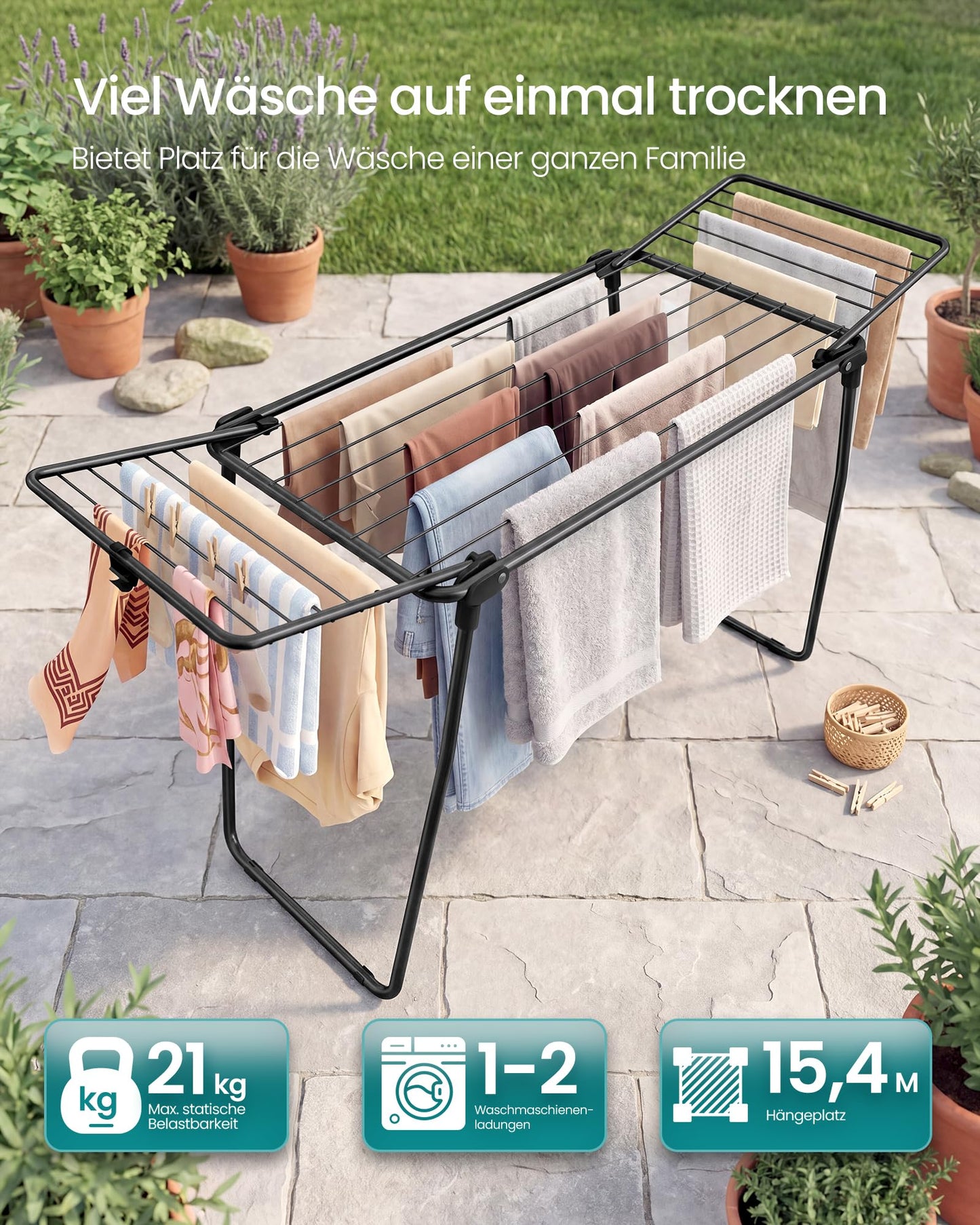 SONGMICS clothes airer, stand dryer 47 x 150 x 91 cm, wing clothes airer, wing clothes dryer, space-saving, metal, for clothes, towels, ink black LLR520BH01