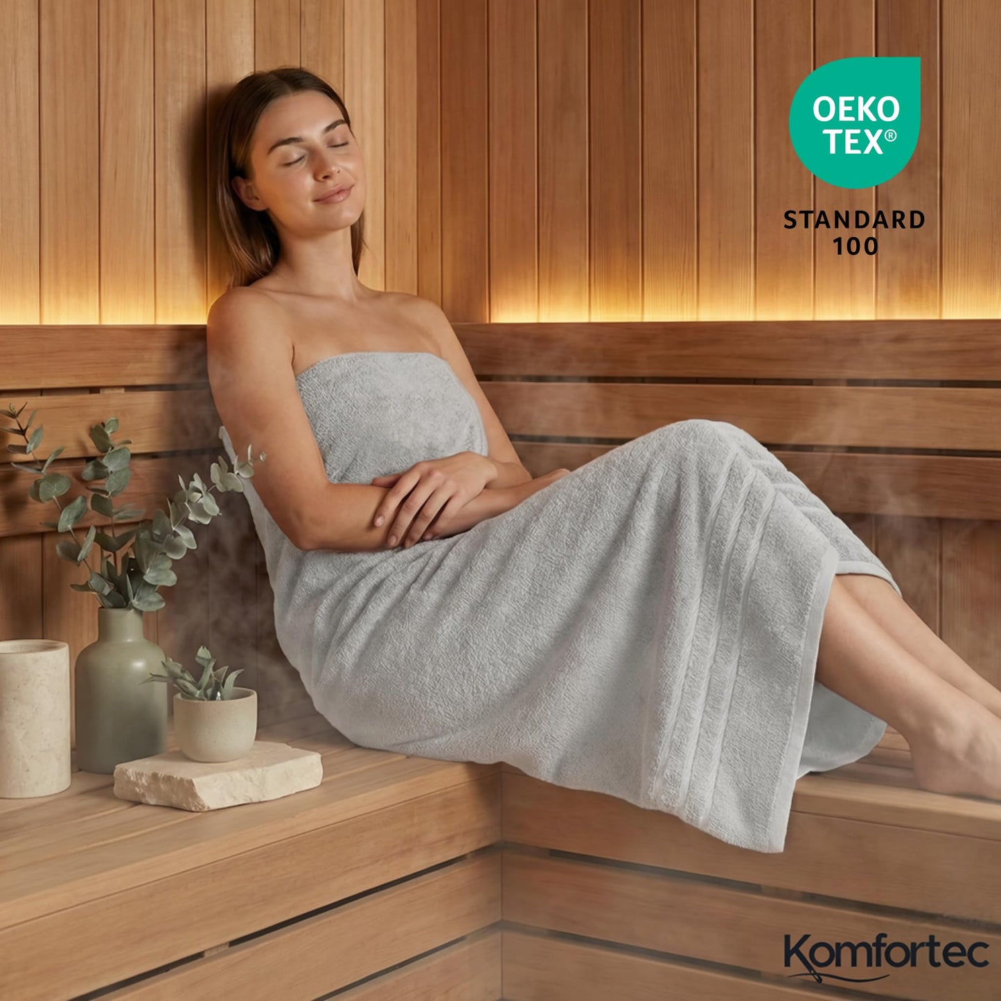Komfortec 2 sauna towel set 80x200 cm, large sauna towels made of 100% cotton, sauna towels, fluffy and absorbent, quick-drying, light gray/turquoise - 2er-80x200-silber-und-türkis