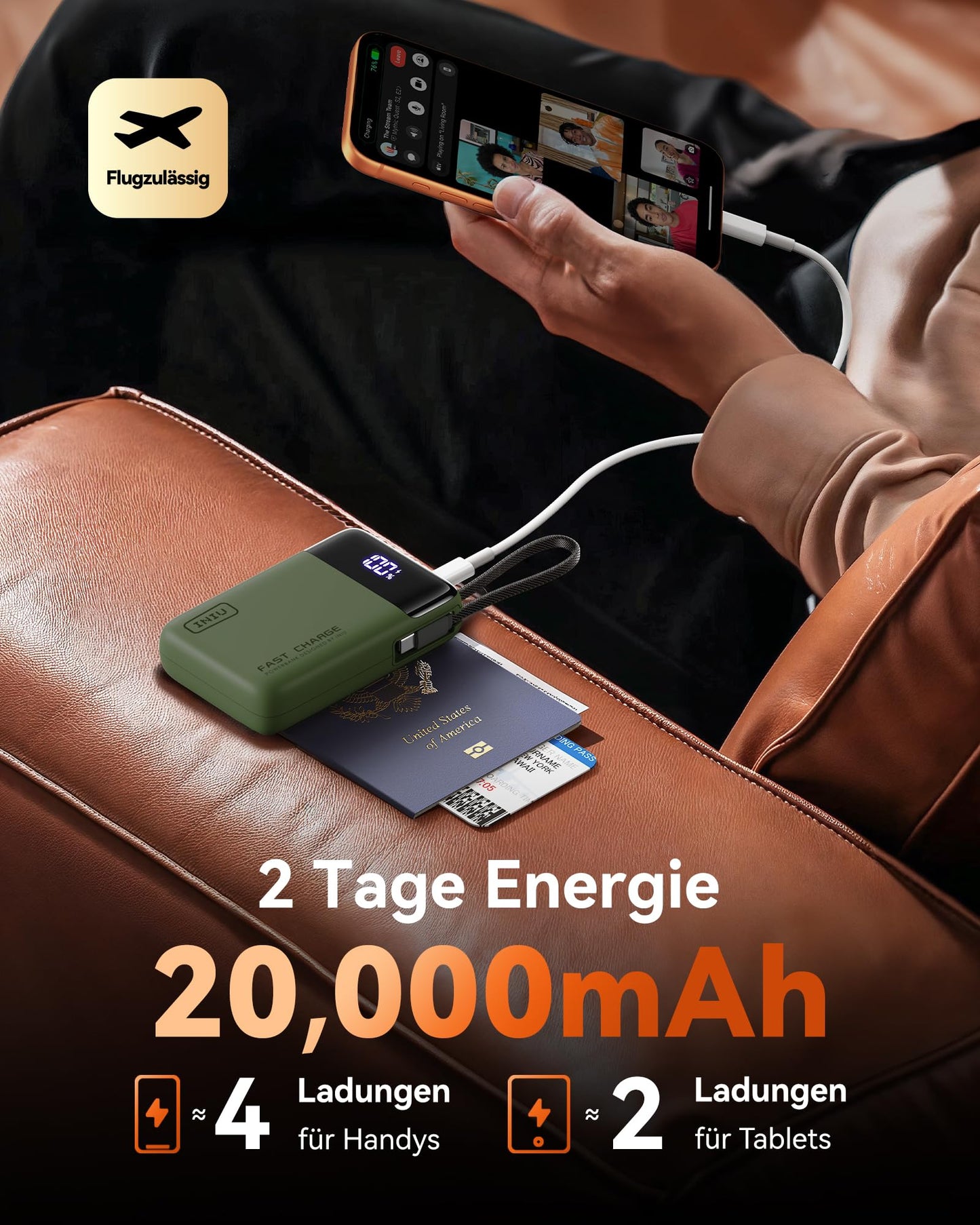 INIU 45W Power Bank, Ultra Small 20000mAh Power Bank with Integrated USB C Cable, Quick Charging External Mobile Phone Batteries for Camping, Hiking, Outdoor Activities, Festival Use, Green - P51L