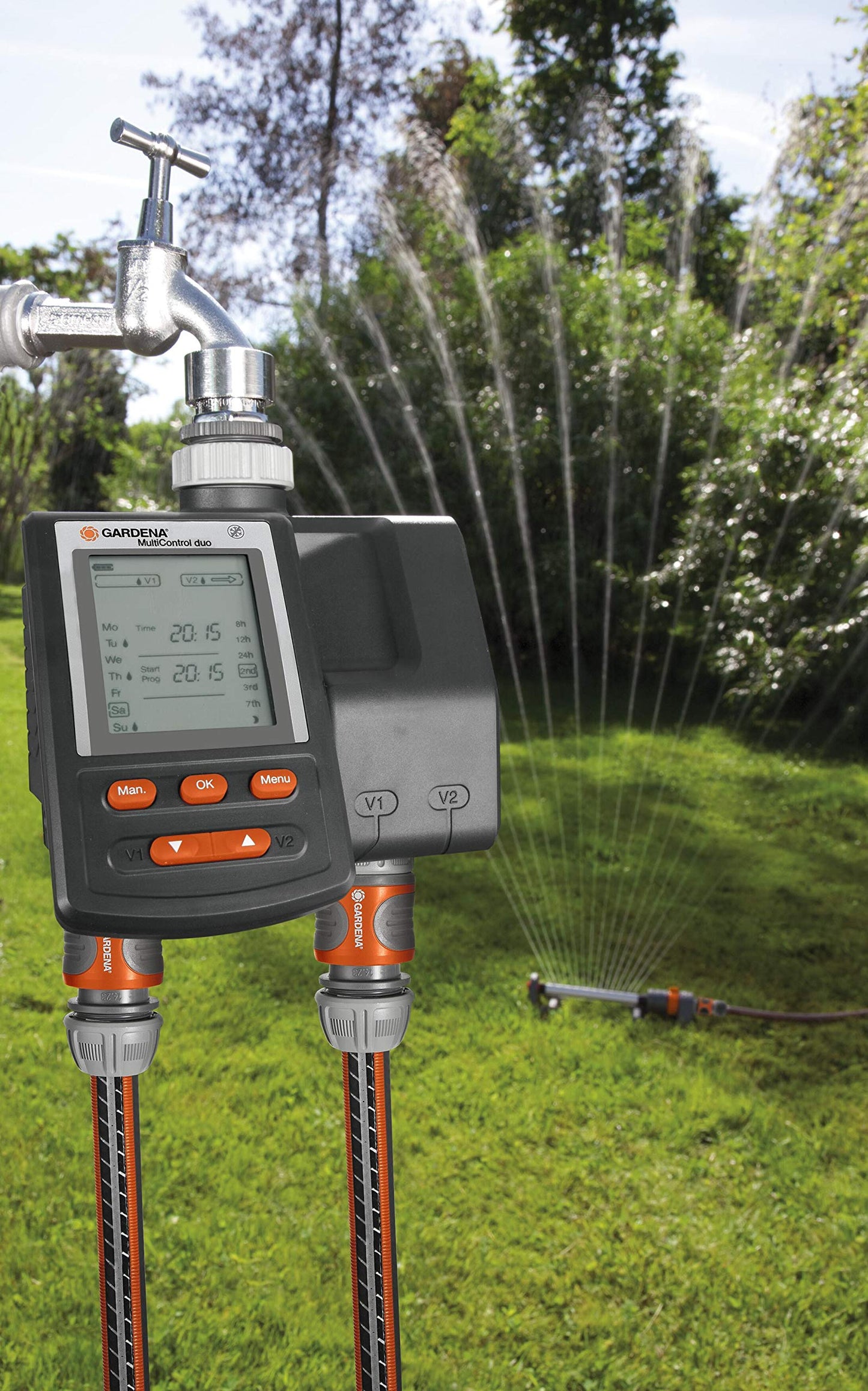 Gardena irrigation computer MultiControl Duo: automatic irrigation control, days of the week programmable, up to 3 irrigations per day, with LC display (1874-20) - 01874-20
