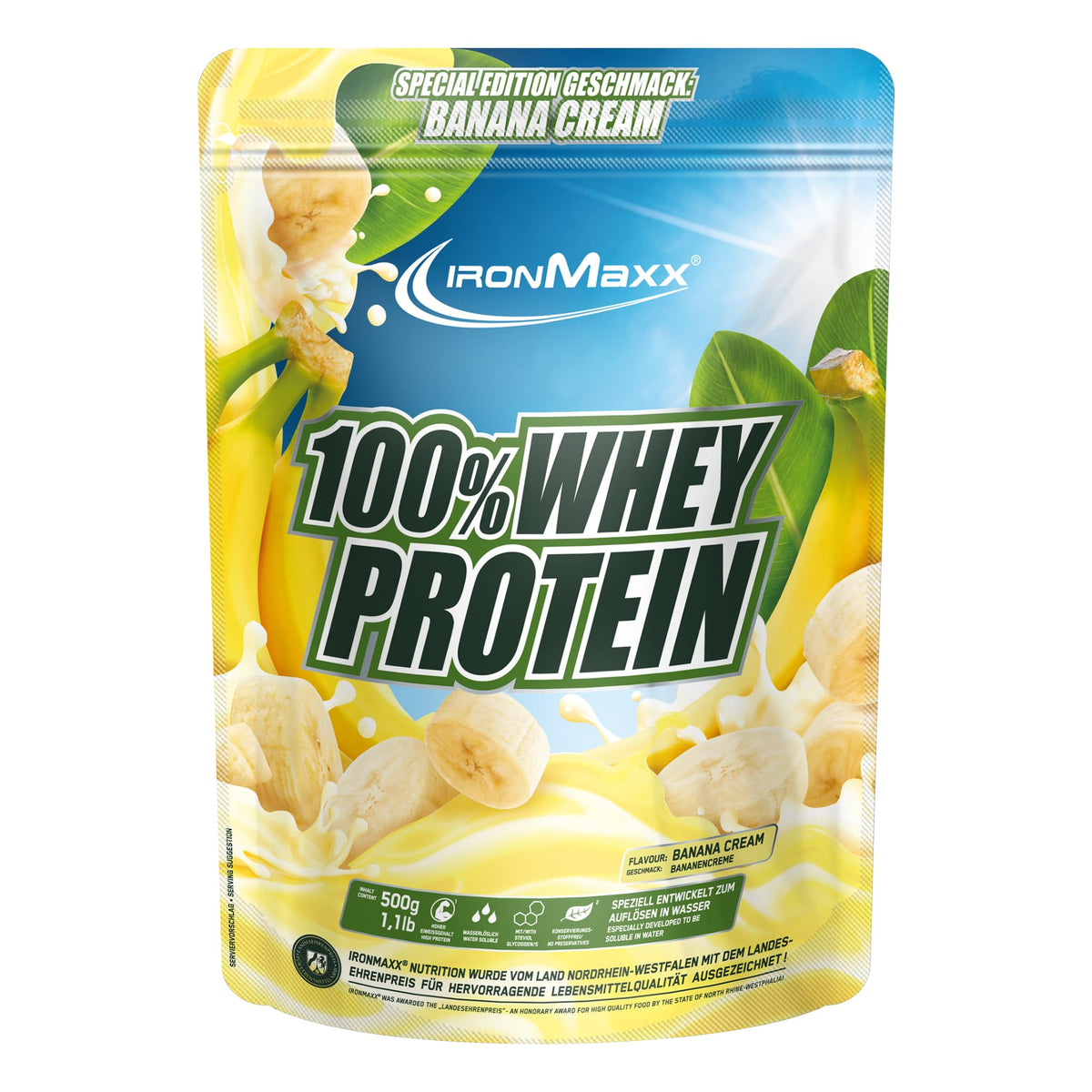 IronMaxx 100% Whey Protein Pulver - Banana Cream 500g Beutel | pulbere de proteine din zeră, solubilă în apă, cu conținut redus de zahăr | multe arome diferite - L692021