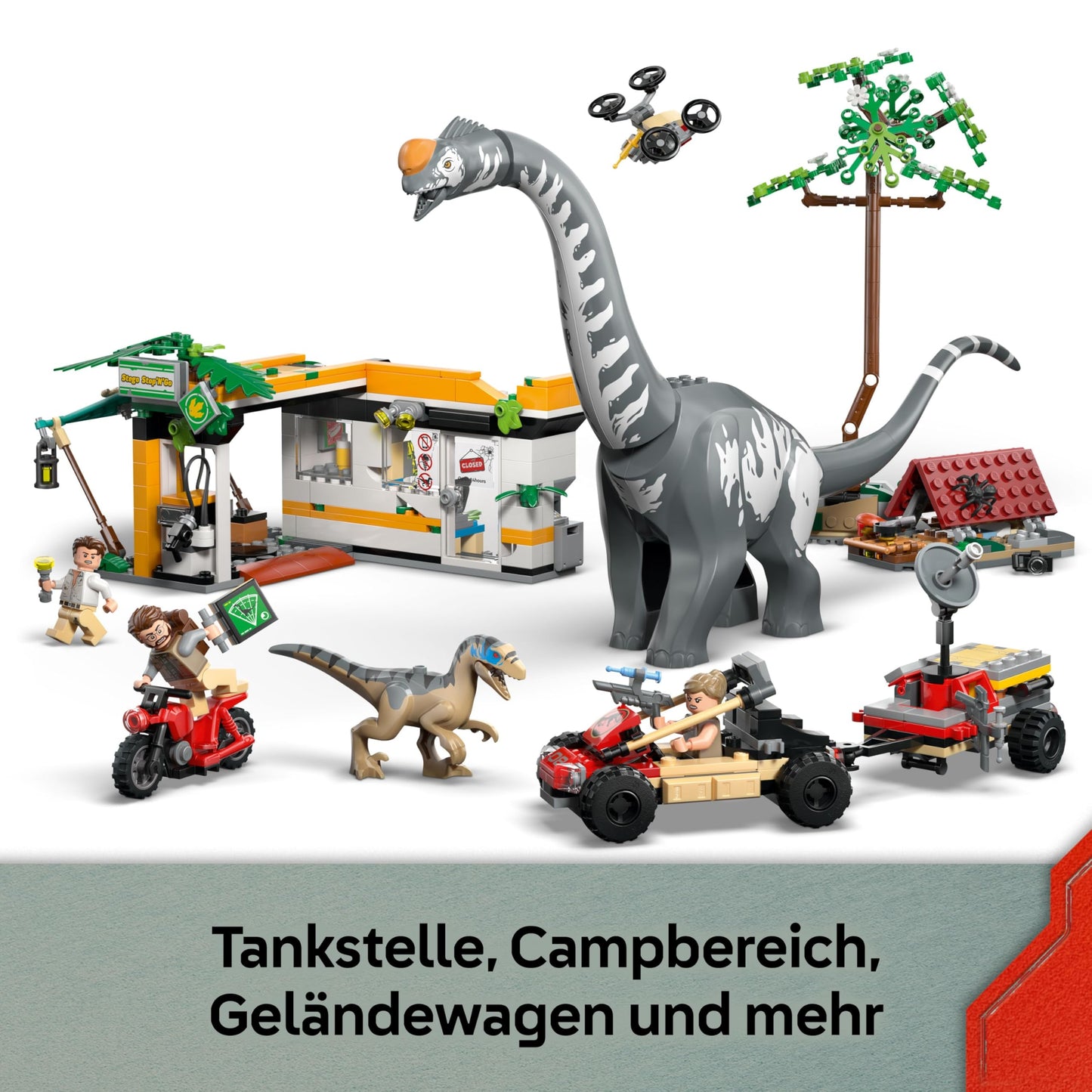 LEGO Jurassic World Raptor & Titanosaurus: Great Tracking - 2 toy dinosaur figures, an off-road vehicle, a motorcycle and 3 minifigures - gift for boys and girls aged 7 and up - 76973