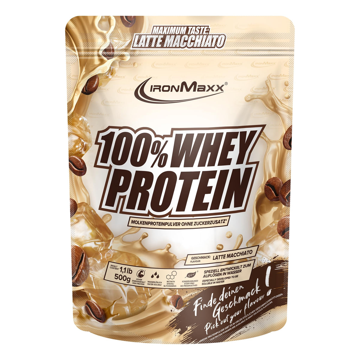 IronMaxx 100% Whey Protein Powder 500g - Latte Macchiato - High Protein Shake with BCAAs and EAAs for Muscle Training and Fitness - 41215