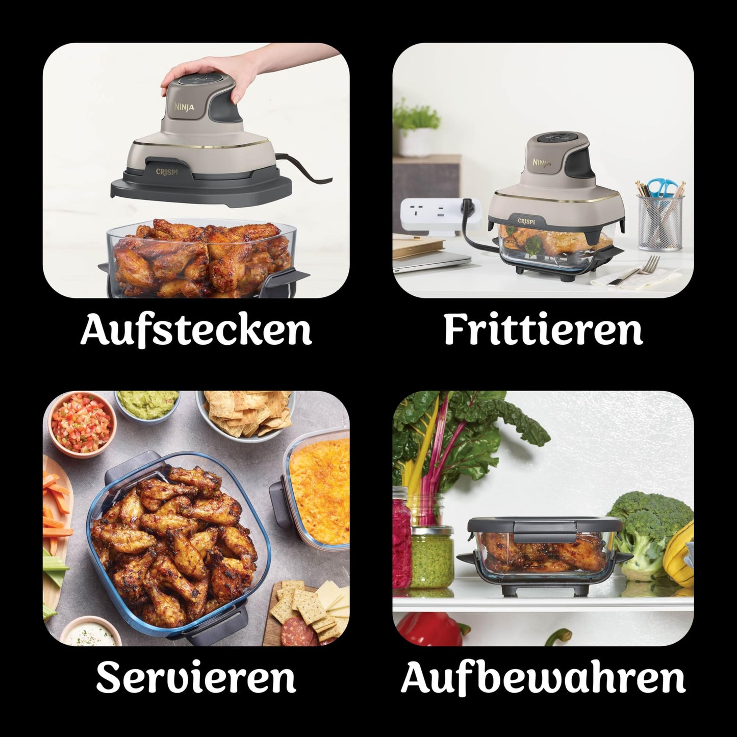 Ninja CRISPi Portable Air Fryer, 3.8L, 4-in-1: Air Frying, Roasting, Keeping Warm, Recrisp, 6 Servings, 2 Removable Glass Containers & Lids, 1700W, Stone Gold FN101EUSTGD