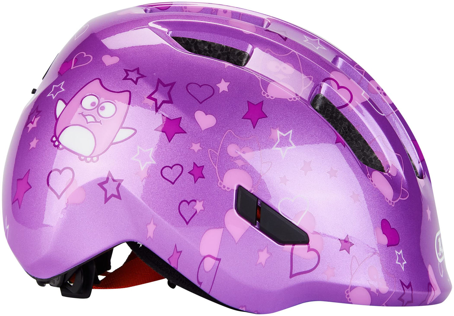 ABUS children's helmet Smiley 3.0 - bicycle helmet with a deep fit, child-friendly designs & space for a braid - for girls and boys - purple with owl pattern, size M - 67260