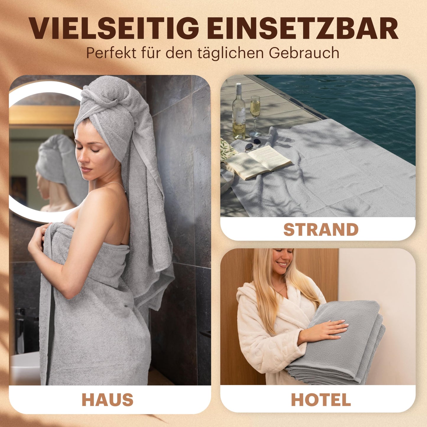 NatureMark 4-piece shower towel set - soft and absorbent shower towels made from 100% cotton, suitable for everyday use - silver grey, 70x140 cm - 4dt_400_silber