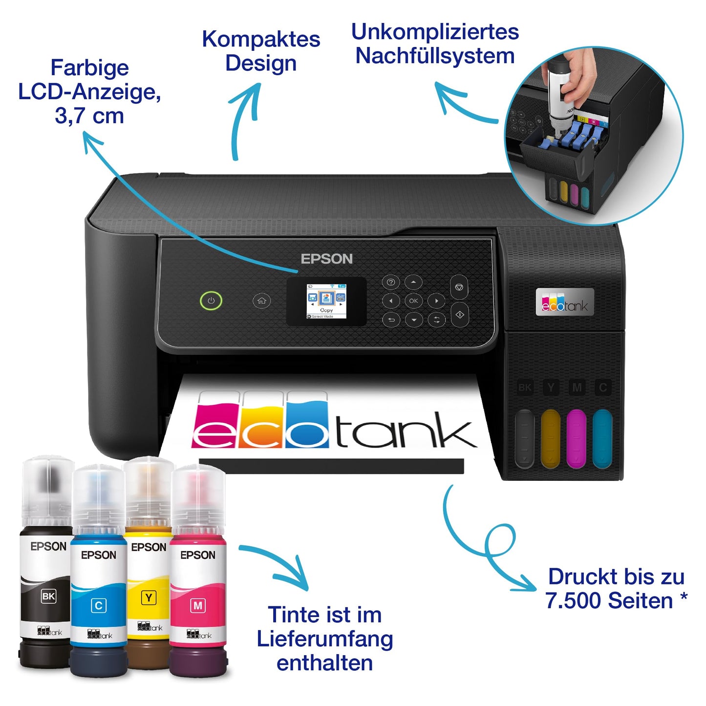 Epson EcoTank ET-2870 ink tank printer | for busy households | WiFi | A4 | Print, Copy, Scan | 3.7 cm LCD display | Includes ink for up to 3 years