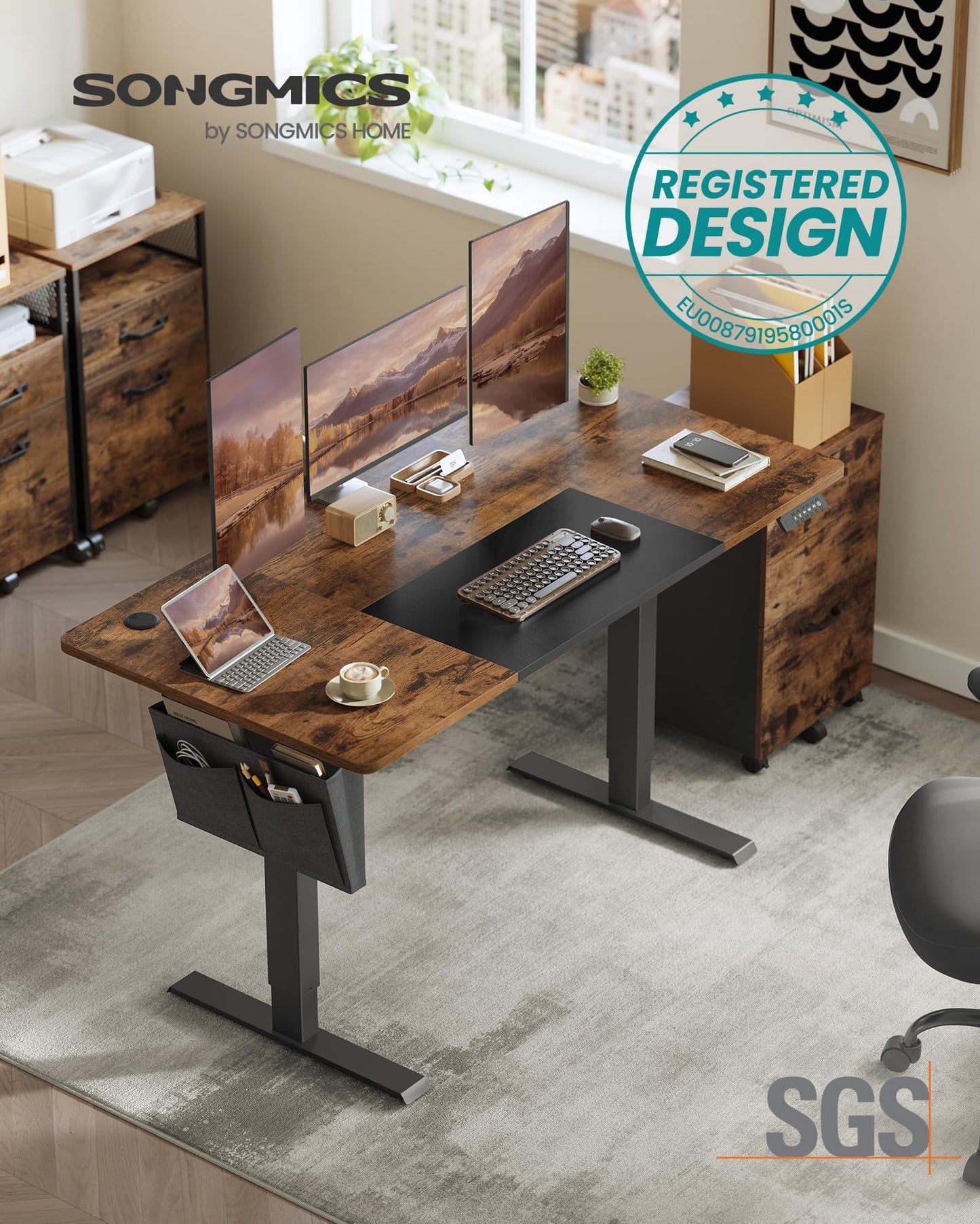 SONGMICS Electric height-adjustable desk, 140 x 60 cm, infinitely adjustable, memory function with 4 heights, vintage brown-ink black LSD016X01