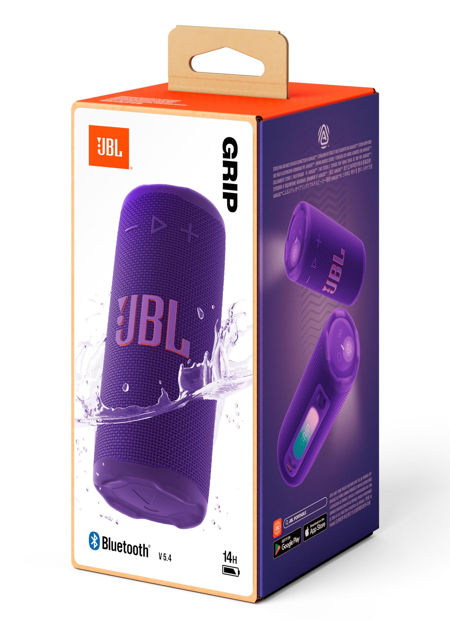 JBL Grip Compact Bluetooth Speaker, JBL Pro Sound with AI Sound Boost, IP68 Waterproof and Dustproof, Ambient Light, Up to 14h Playback, Auracast Multi-Speaker, JBL Portable App, Purple - JBLGRIPPUR