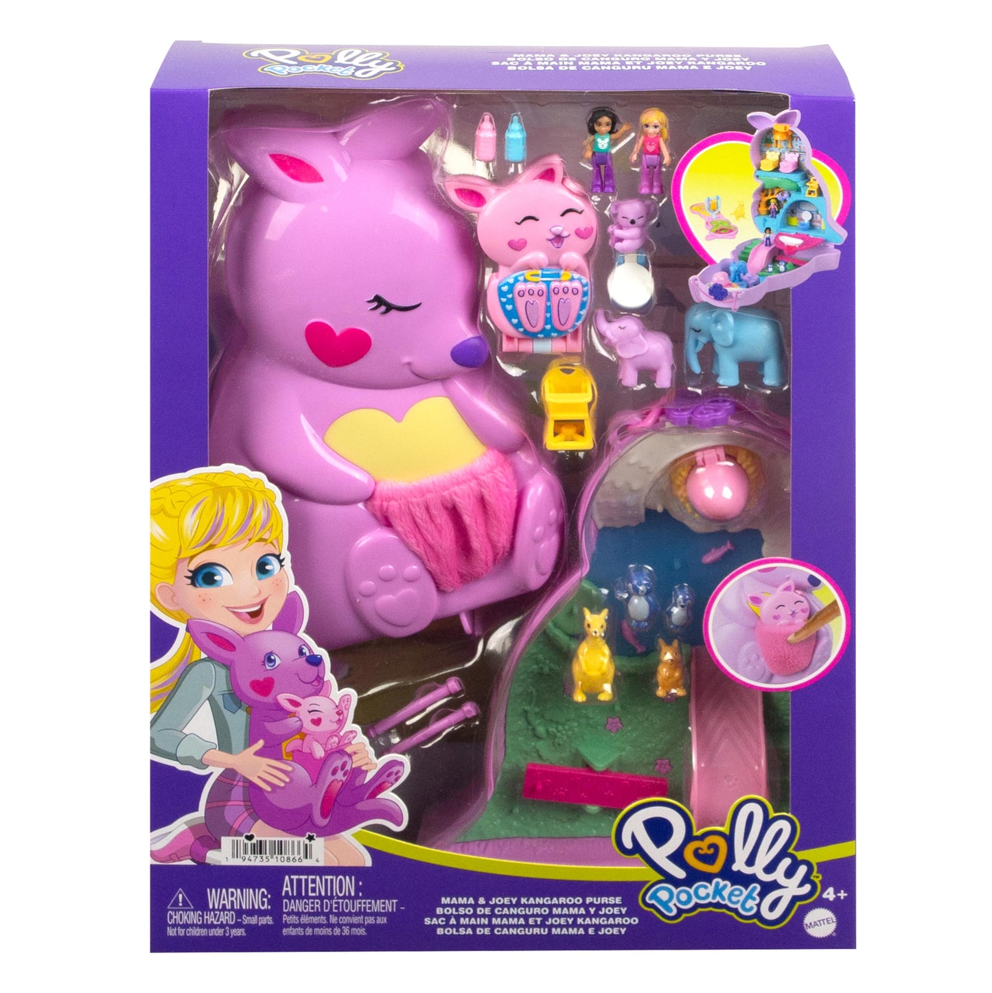 Polly Pocket Mama and Joey Kangaroo Bag - 2-in-1 Animal Nursery Playset, 2 Dolls, 7 Animals and Accessories, Includes Soft Pouch and Box, Perfect for Travel, Ages 4+, HKV50