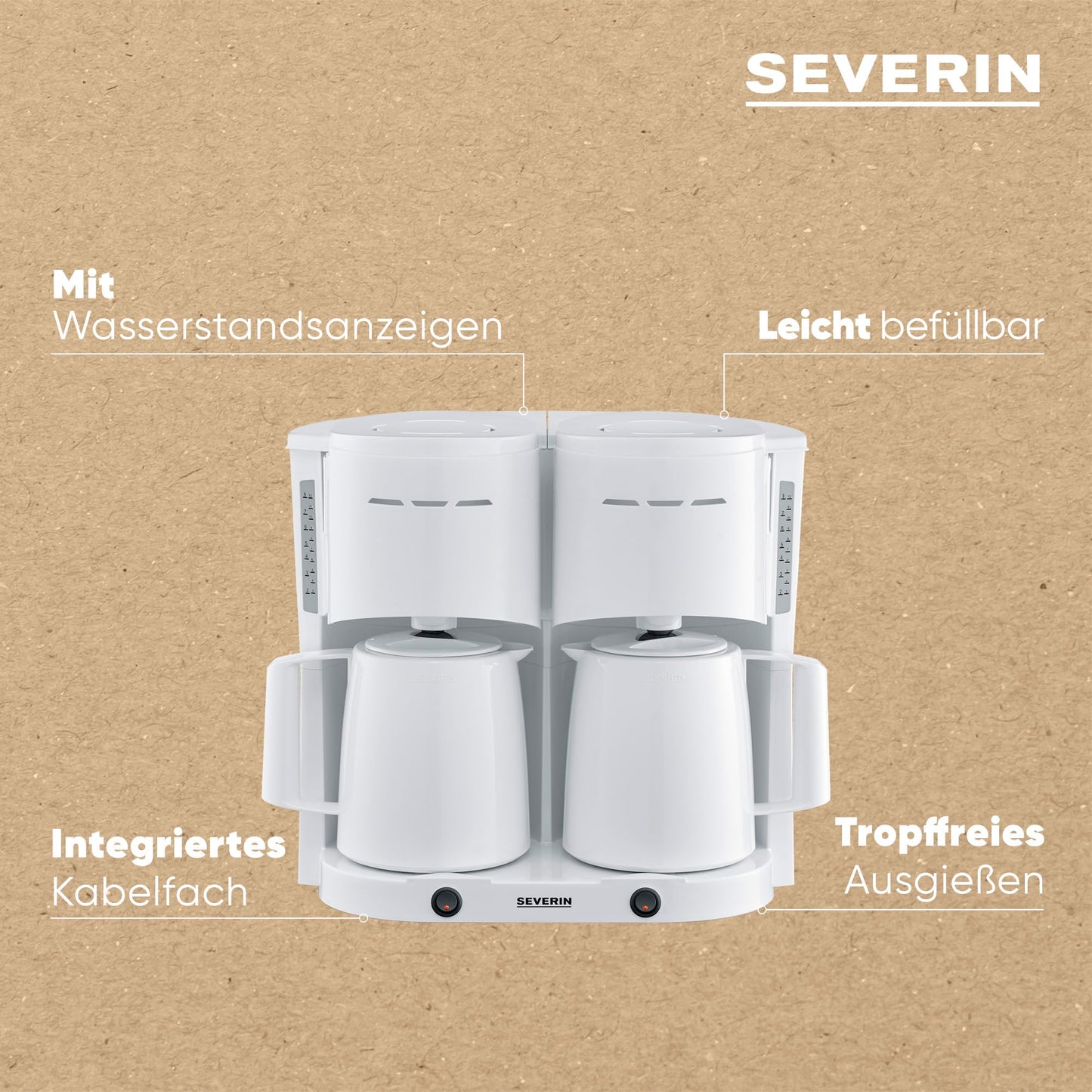 Severin Duo filter coffee machine with thermal jug, coffee machine for up to 16 cups, attractive filter machine with 2 vacuum jugs, white, 2 liters, 2,000 W, KA 9314