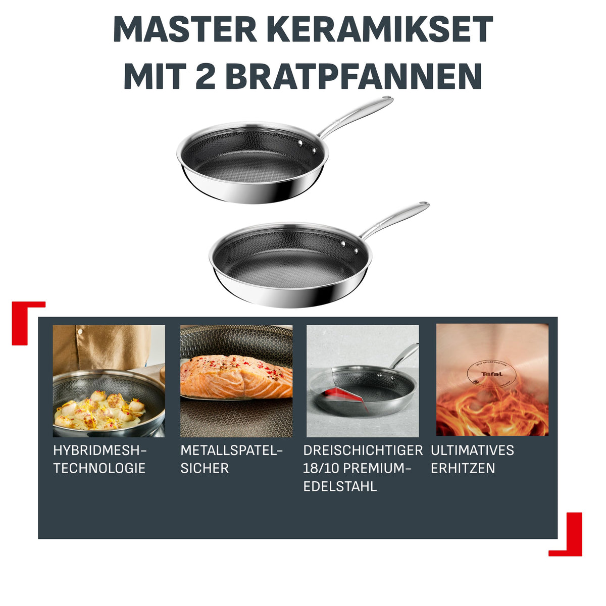 Set de tigăi Tefal Master Mesh Keramik 24/28 cm, combinație sigură cu spatula din metal din oțel inoxidabil și strat de ceramică, prăjire supremă, eliberare fără efort, inducție, lavabil în mașina de spălat vase E533S234