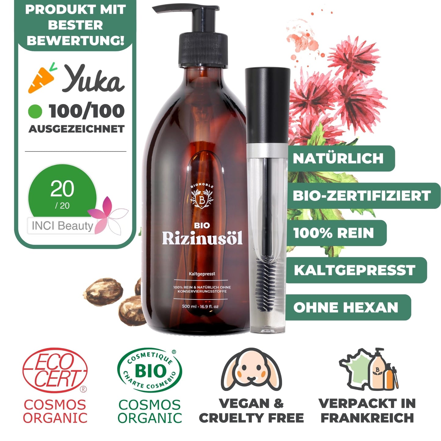 BIONOBLE Castor Oil Cold Pressed Organic + Mascara Kit - Eyelashes, Hair - 500ml - France