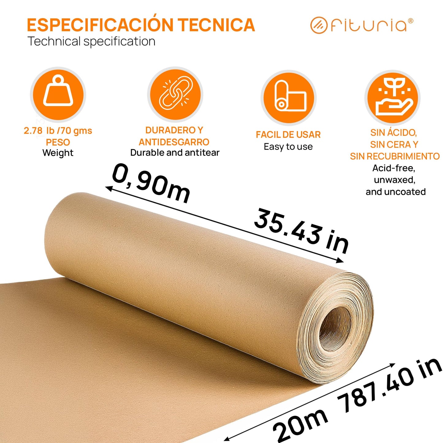 OFITURIA natural brown kraft paper 70 g/m² - roll 0.90x20 m - pack of 6 rolls - recycled paper for packaging, crafts and decoration - tear-resistant - suitable for acrylic and oil paints - COM620