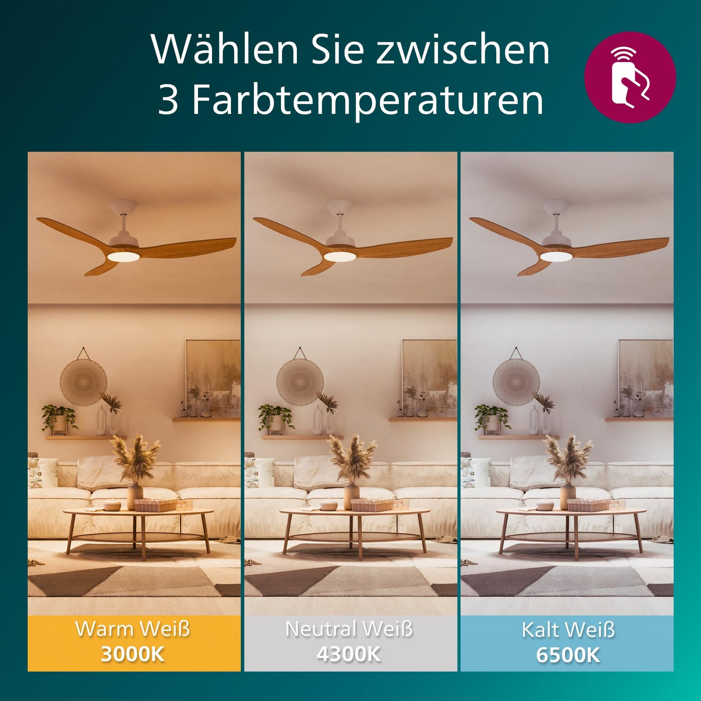 PHILIPS Olas ceiling fan with LED light, 3 blades, 132 cm diameter, 2650 lumens, adjustable white light from 3000 K to 6500 K, dimmable to 5%, including remote control, white/wood, classic - 929004641201
