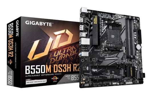 Placa de bază GIGABYTE B550M DS3H R2 – Procesor AMD Ryzen 5000, VRM cu 5+3 faze, până la 4733 MHz DDR4 (O.C.), 1x PCIe 4.0 + 1x PCIe 3.0 M.2, LAN 1 GbE, USB 3.2 Gen 1