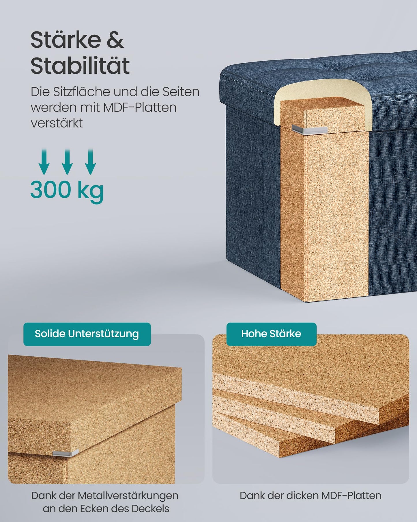 SONGMICS Stool with storage space, folding bench, 38 x 110 x 38 cm footstool, storage box, loads up to 300 kg, for living room, bedroom, hallway, midnight blue LSF77IN