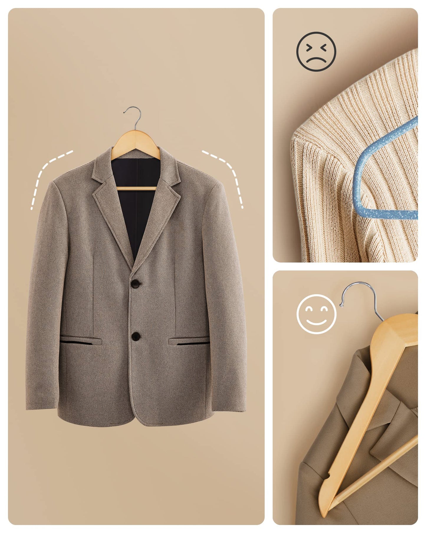 SONGMICS wooden clothes hangers, set of 50, hangers made of solid wood, notches in the shoulder area, non-slip trouser bar, 360° rotating hook, for suits, shirts, natural silver CRW001-50